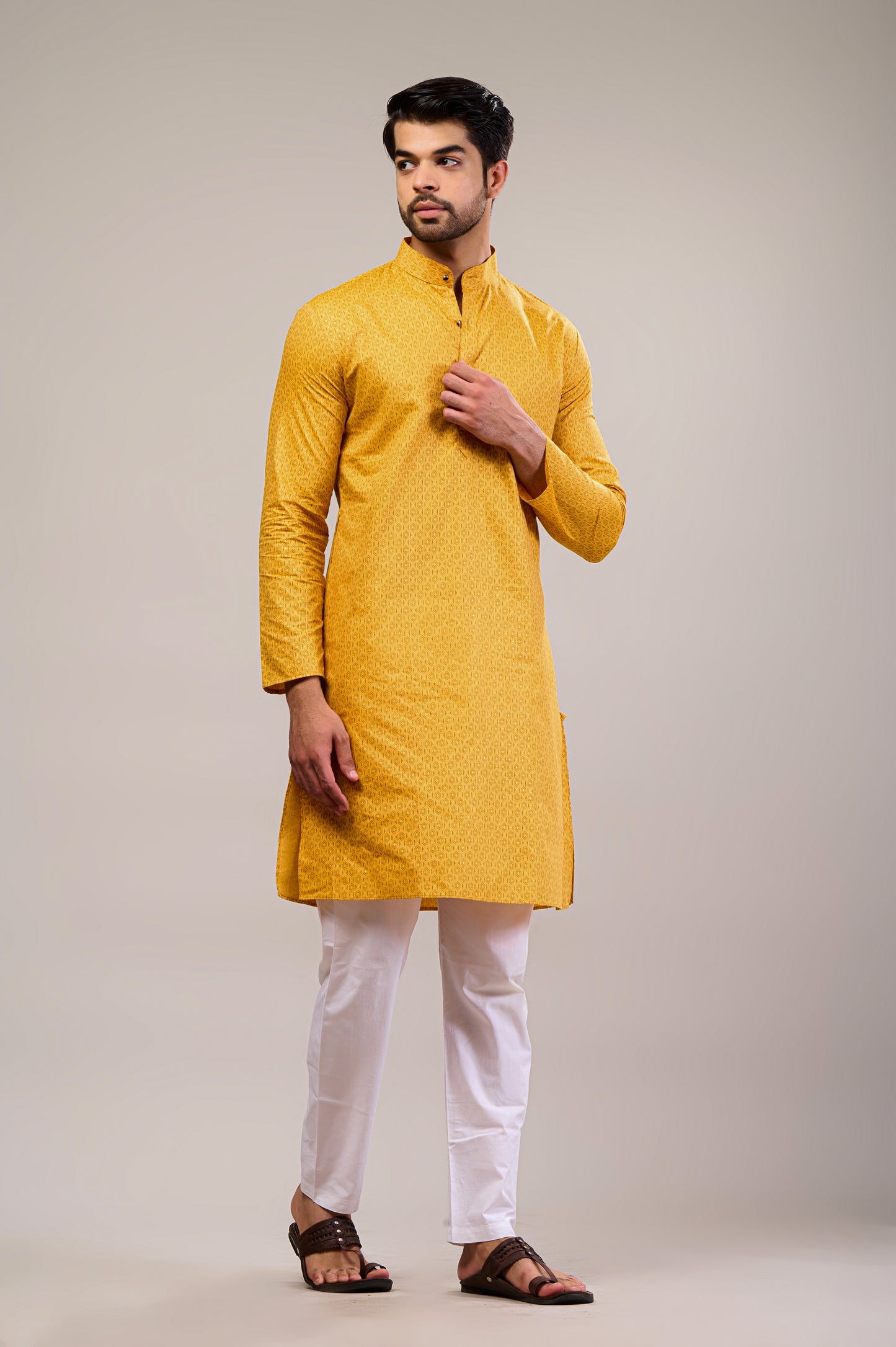 Yellow Gold Printed Men's Long Kurta