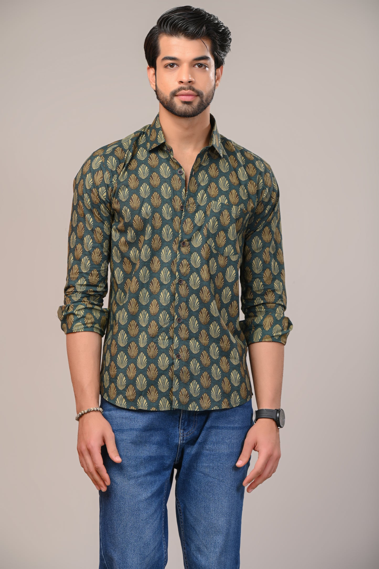 Olive Oasis Print Full Sleeve Shirt