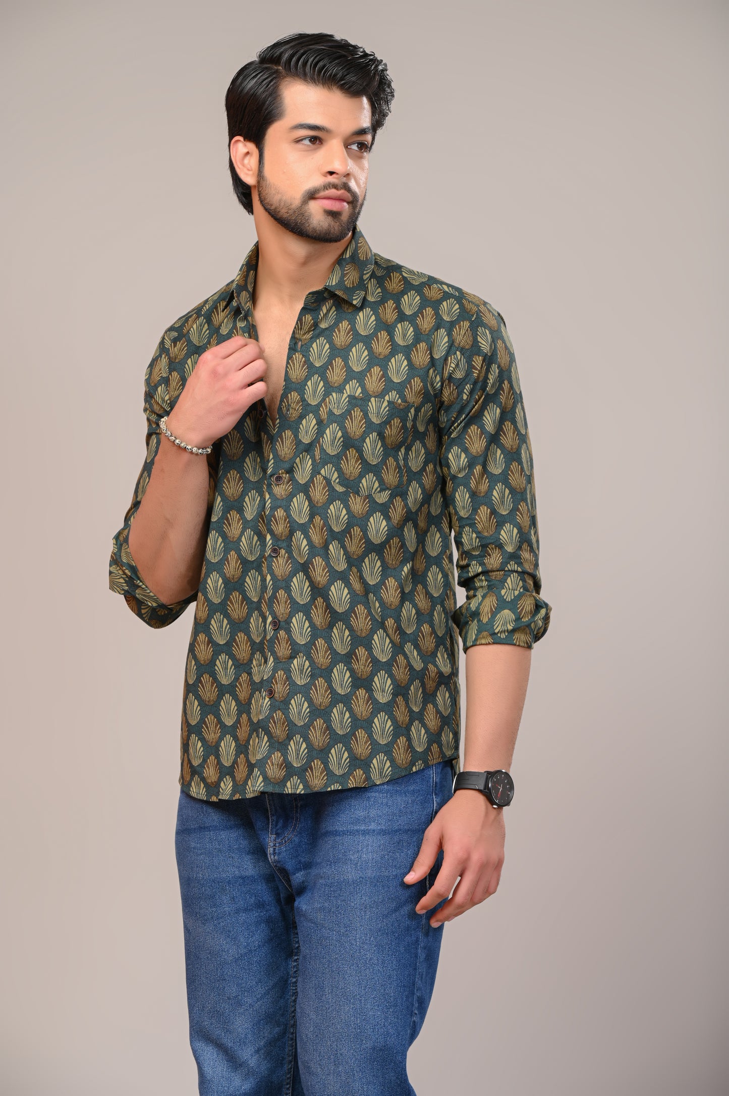 Olive Oasis Print Full Sleeve Shirt