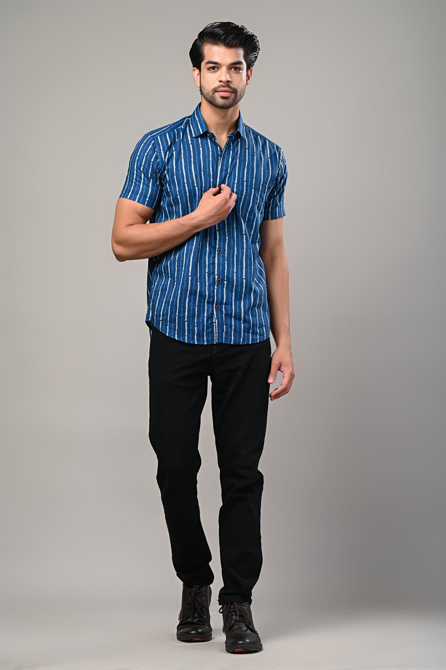 Classic Indigo Bold Stripe Pattern Men's Shirt