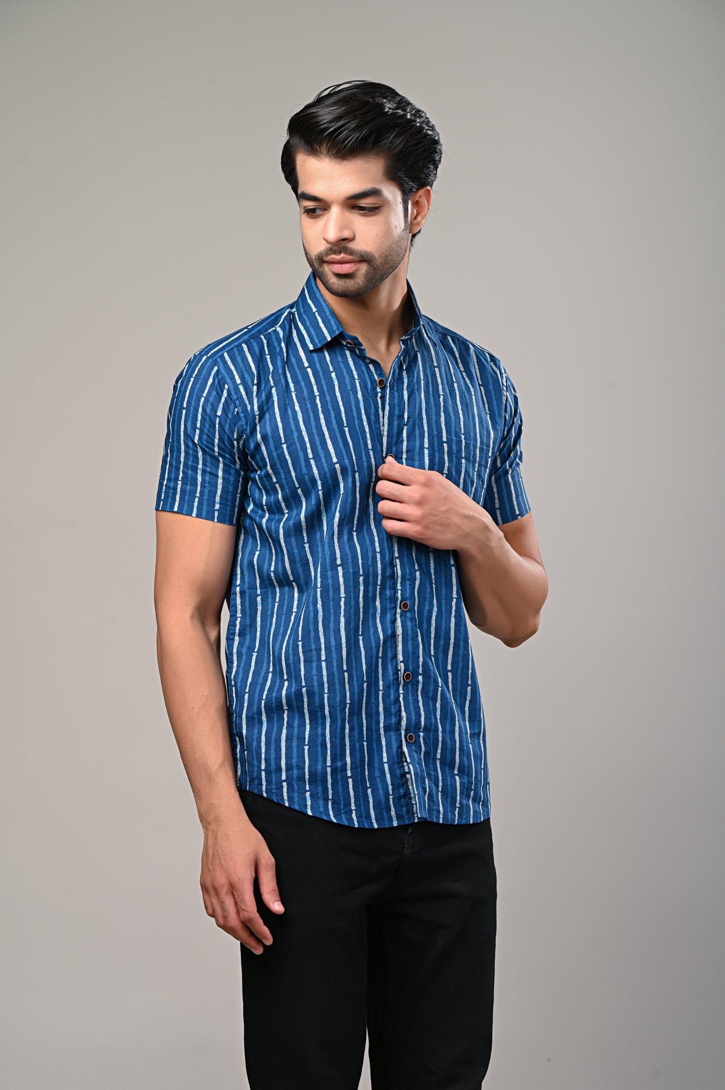 Classic Indigo Bold Stripe Pattern Men's Shirt
