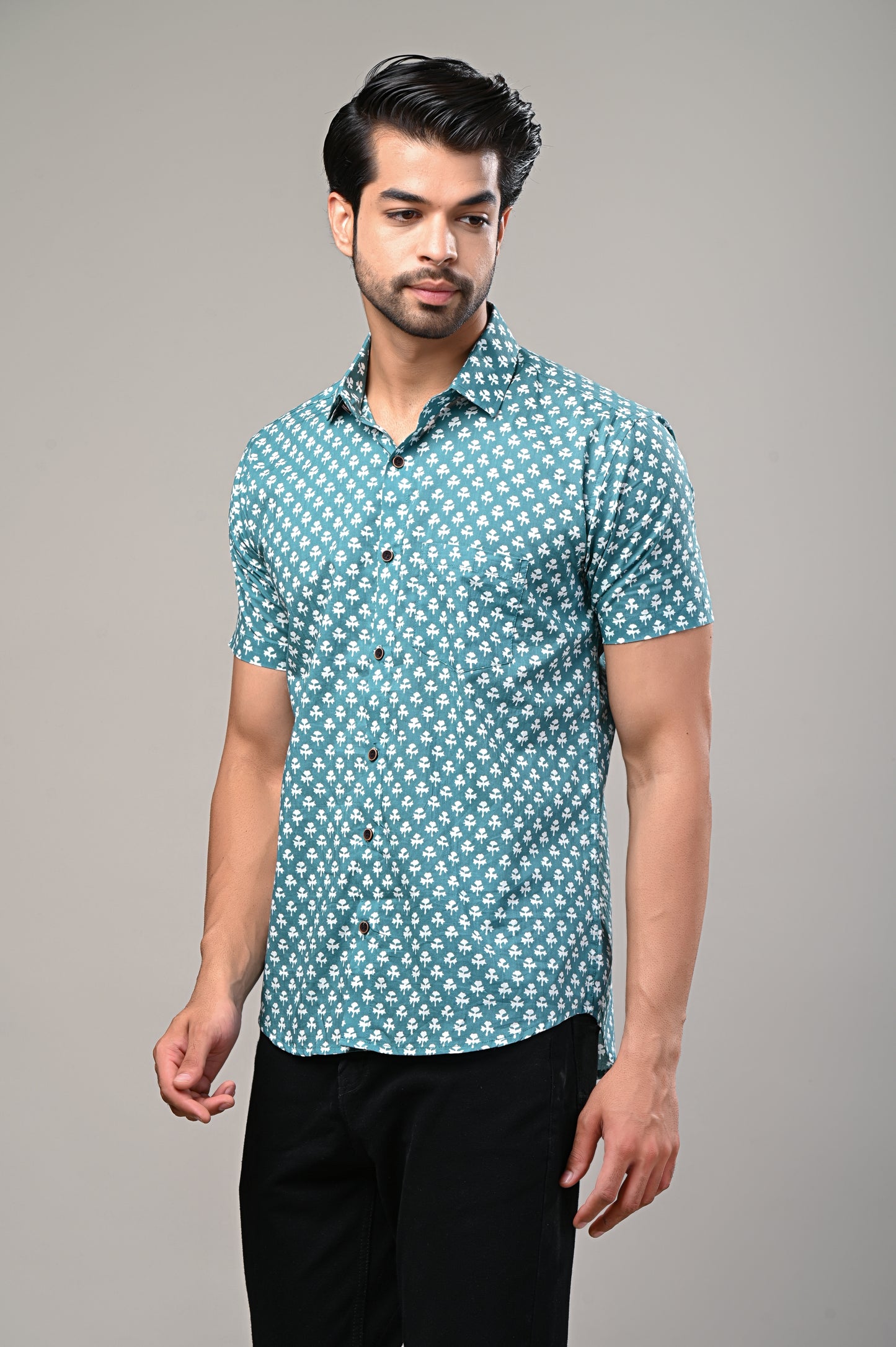 Teal Breeze Printed Men’s Half Sleeve Shirt