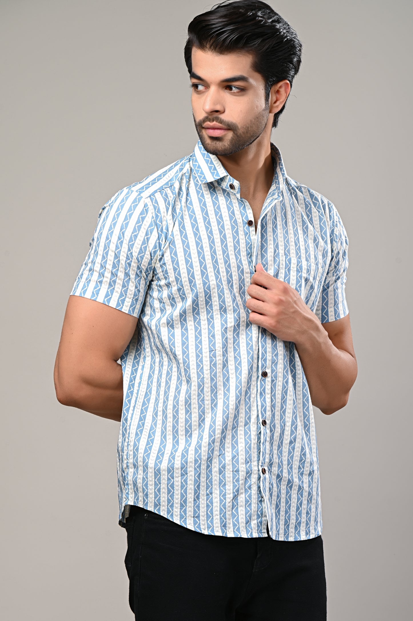 Cool Blue Zigzag Striped Shirt for Men