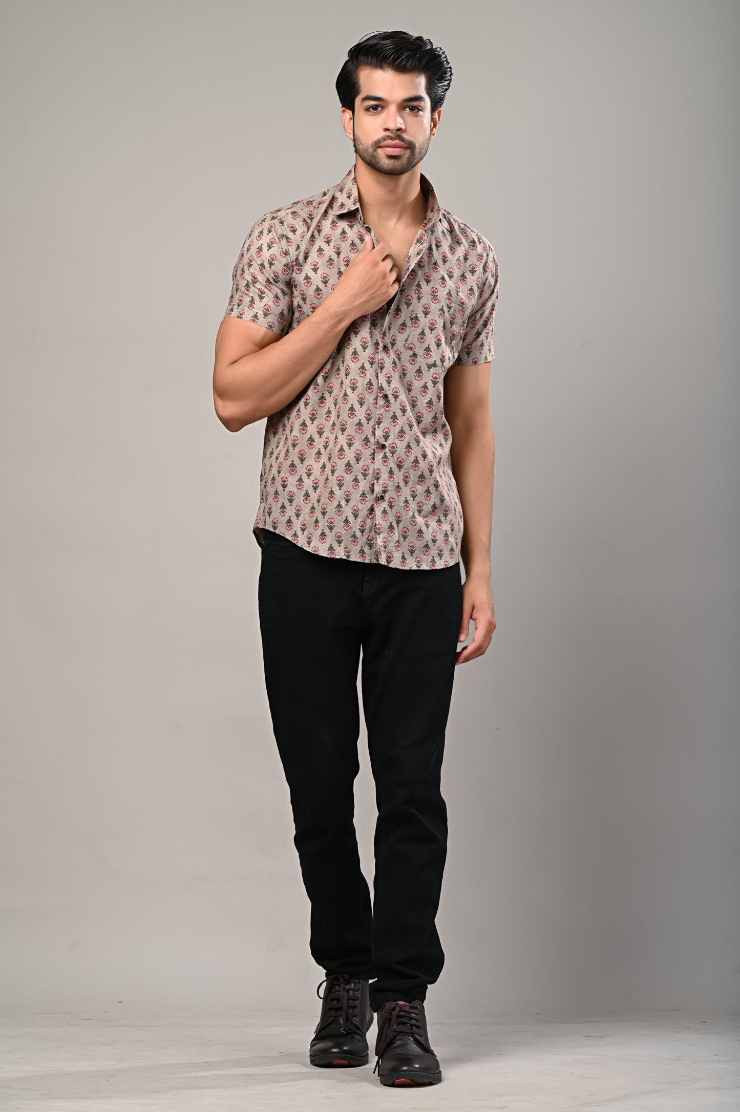 Beige Floral Print Men's Shirt