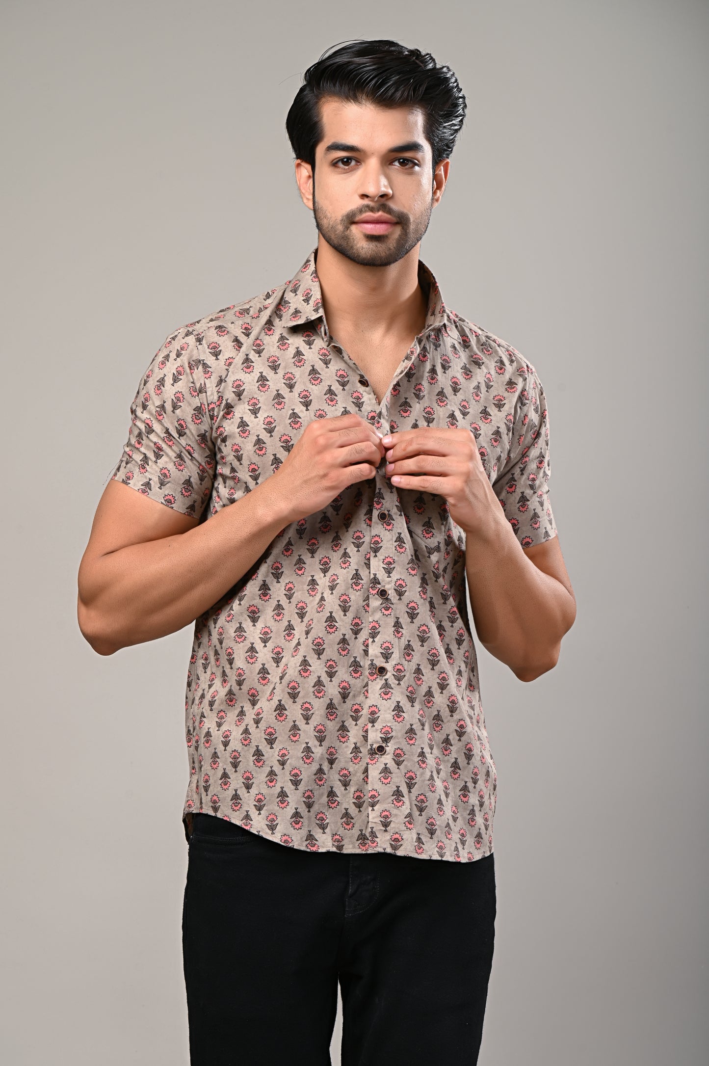 Beige Floral Print Men's Shirt