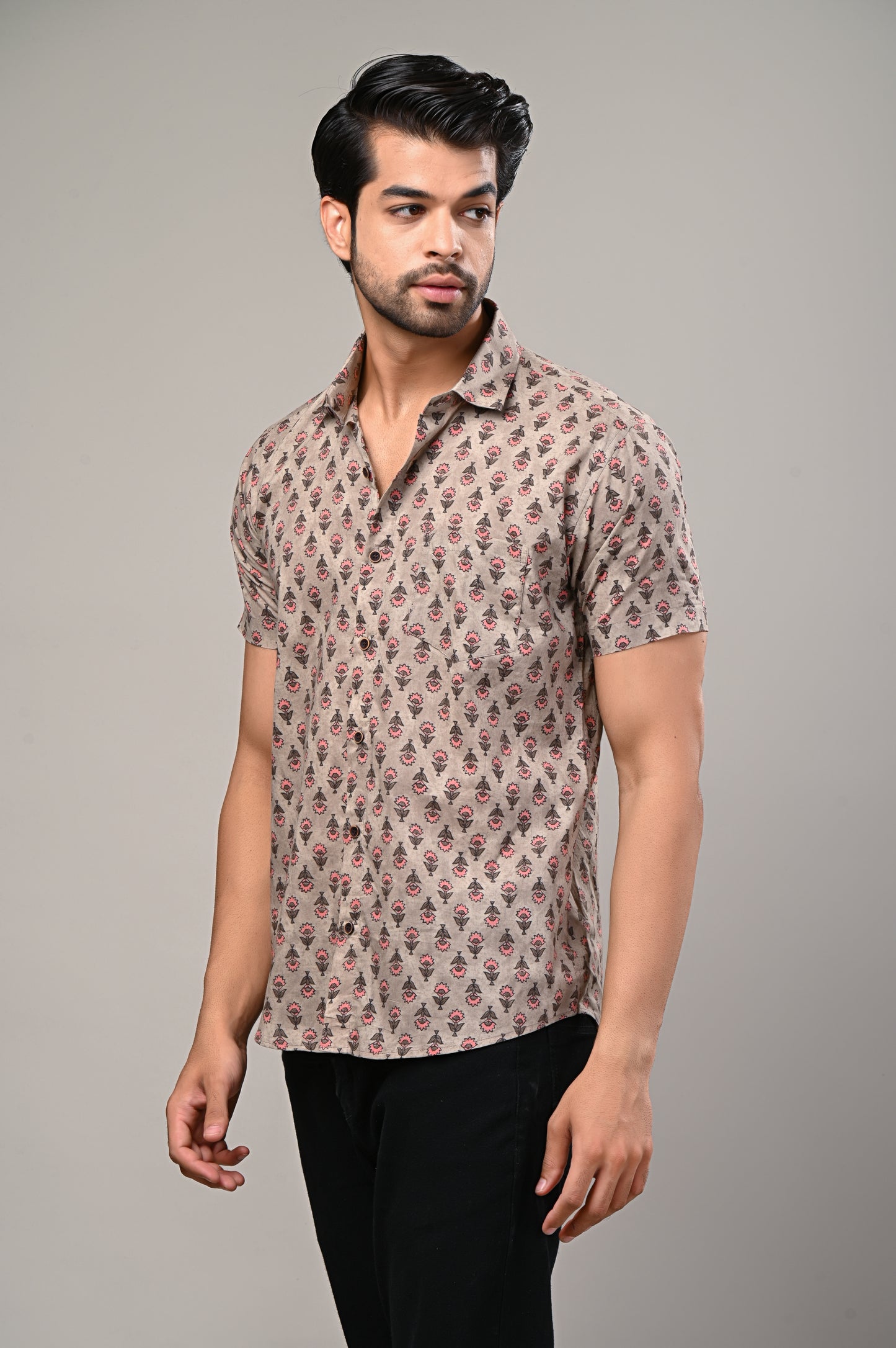 Beige Floral Print Men's Shirt