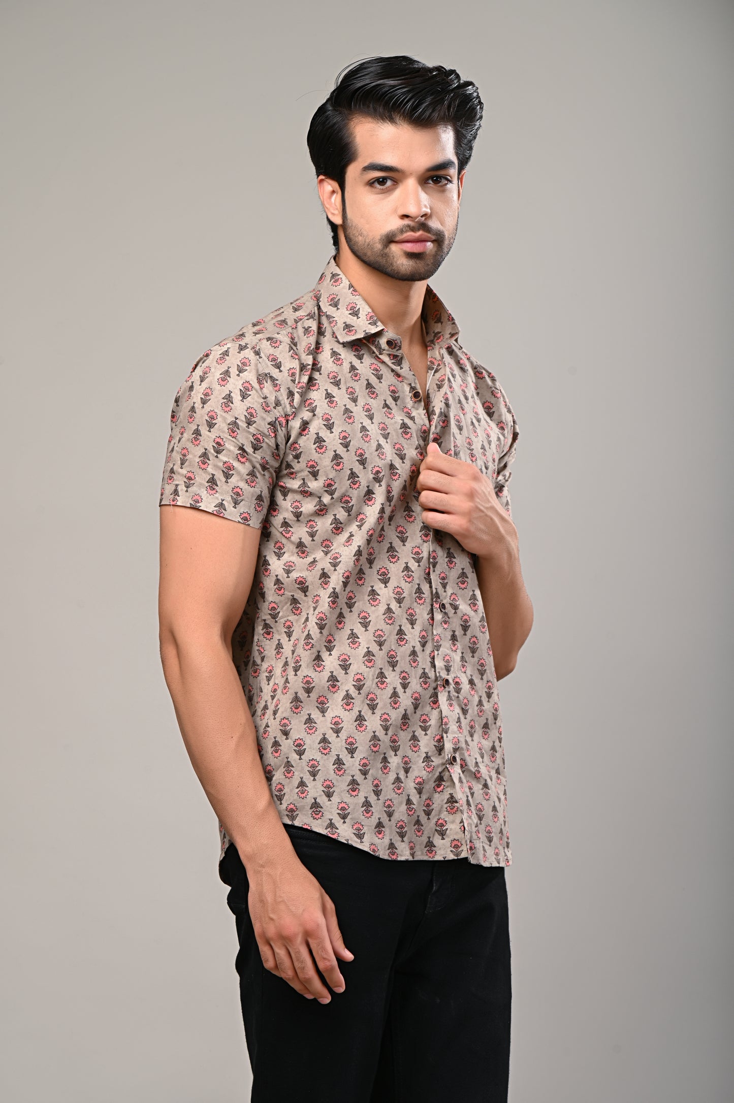 Beige Floral Print Men's Shirt
