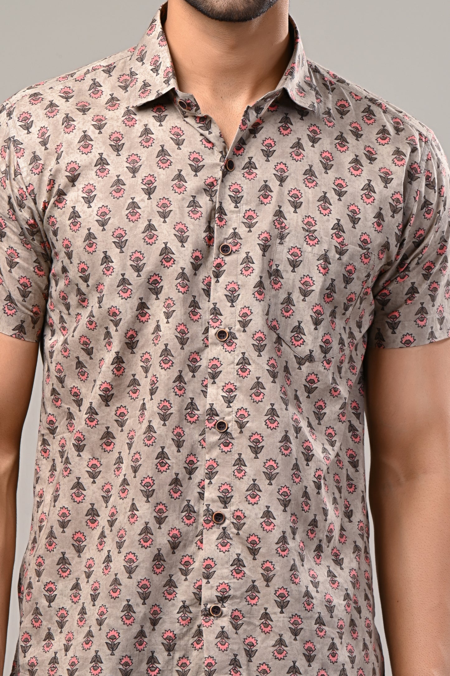 Beige Floral Print Men's Shirt