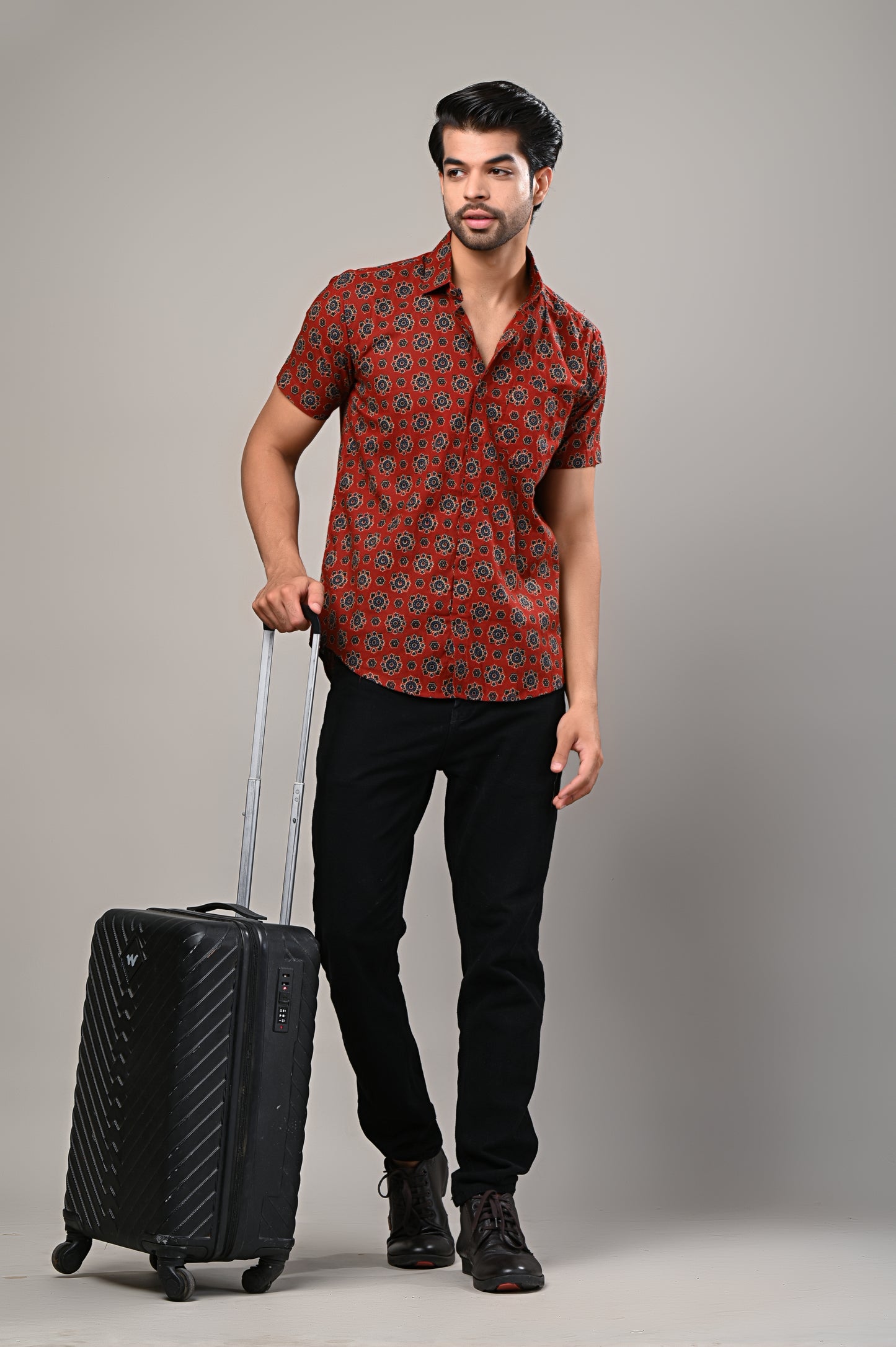 Maroon Ajrak Print Men’s Half Sleeve Shirt