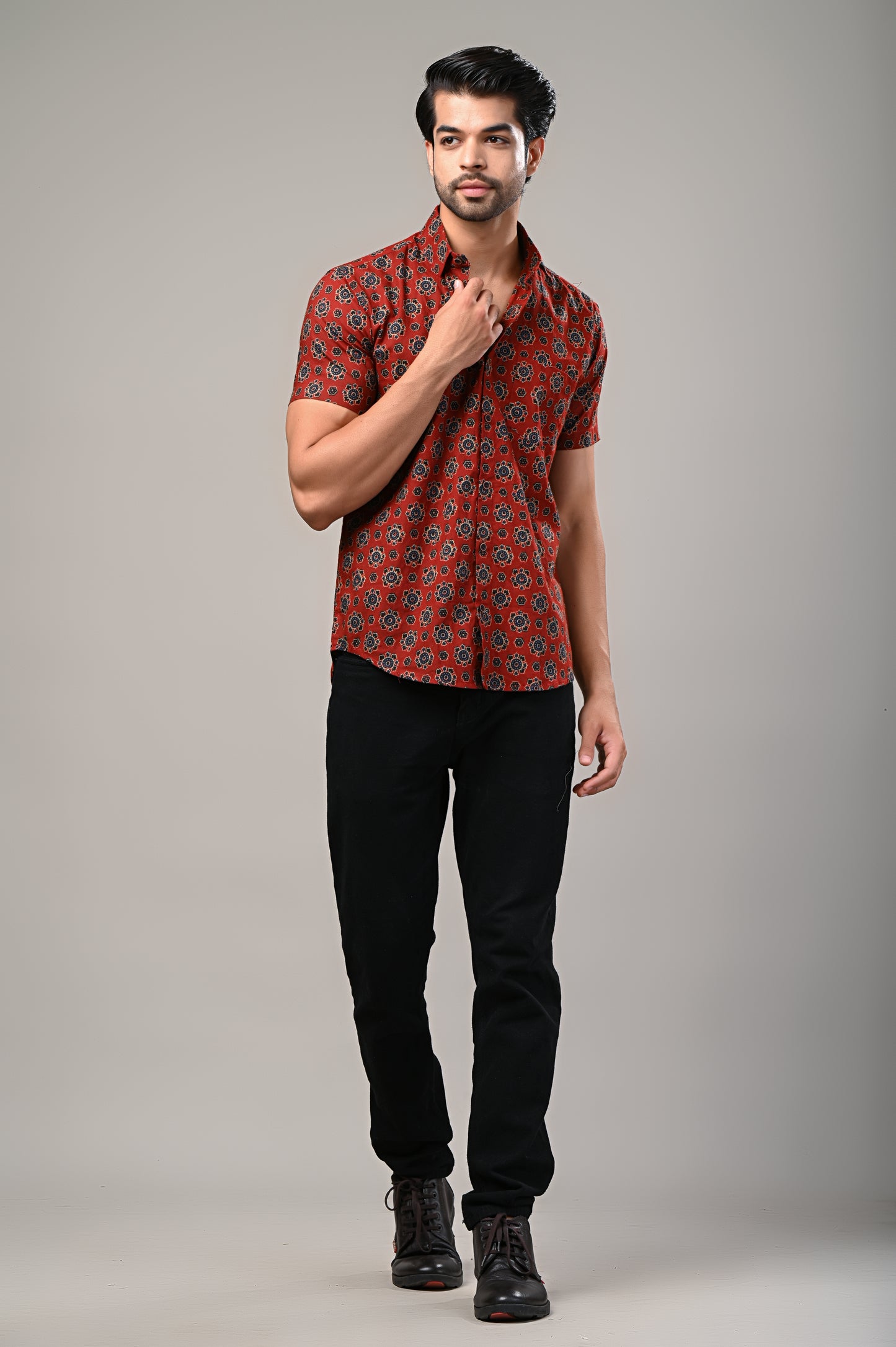 Maroon Ajrak Print Men’s Half Sleeve Shirt