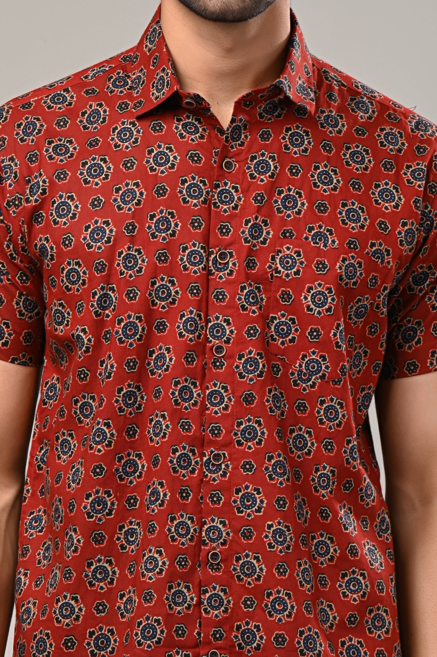 Maroon Ajrak Print Men’s Half Sleeve Shirt