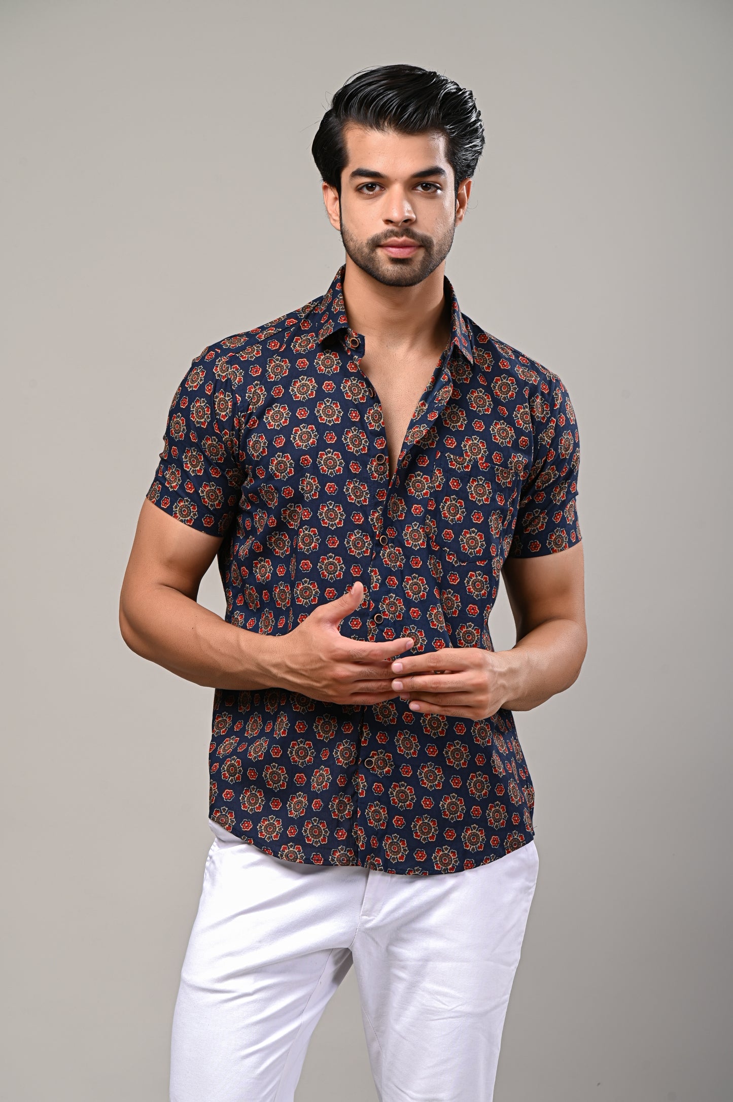Blue Ajrak Print Men’s Half Sleeve Shirt