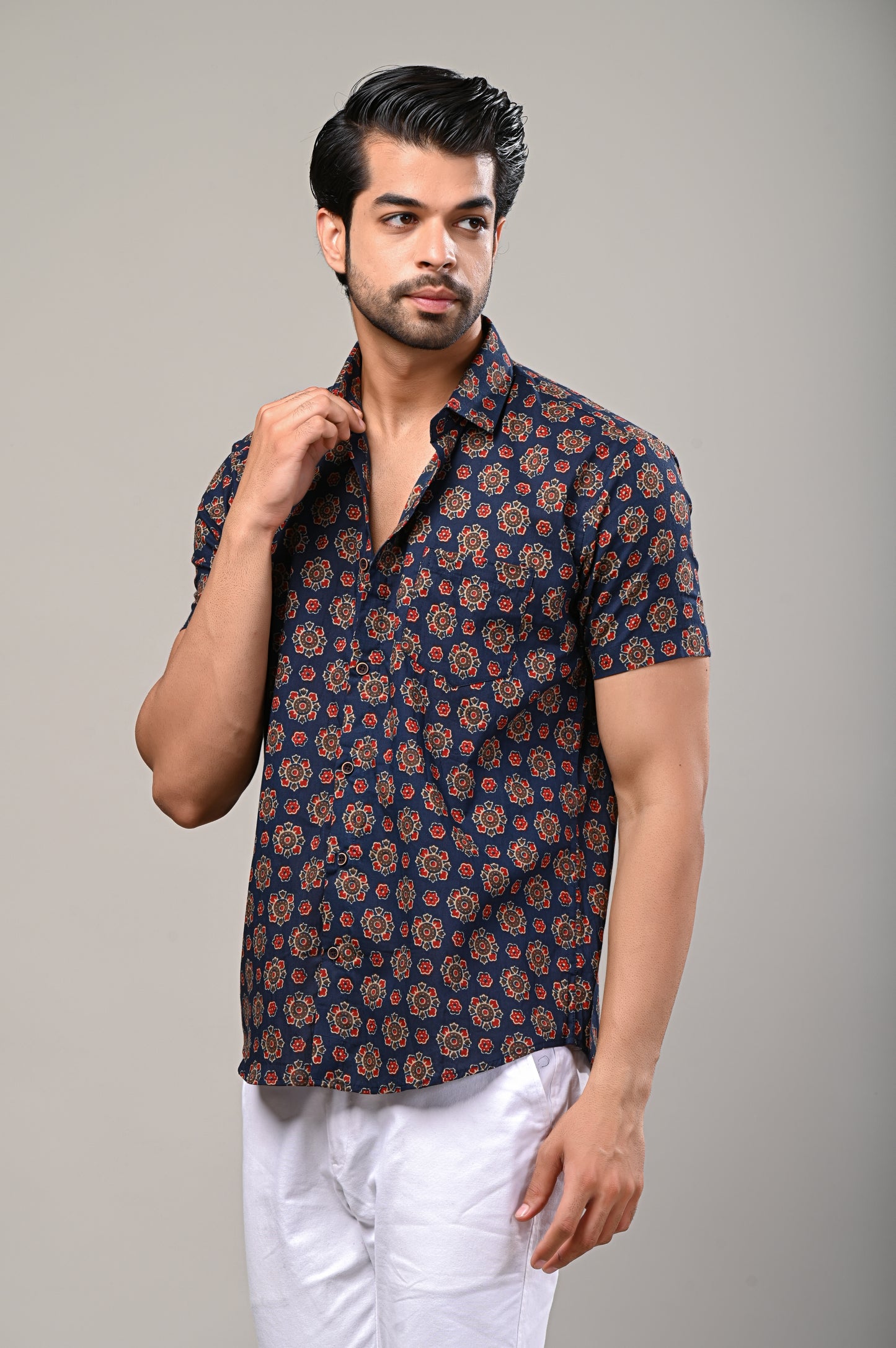 Blue Ajrak Print Men’s Half Sleeve Shirt