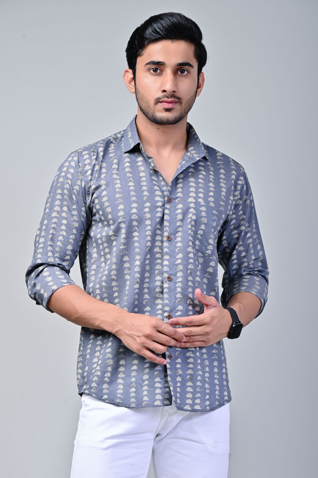 Grey Pyramid Print Full Sleeve Shirt