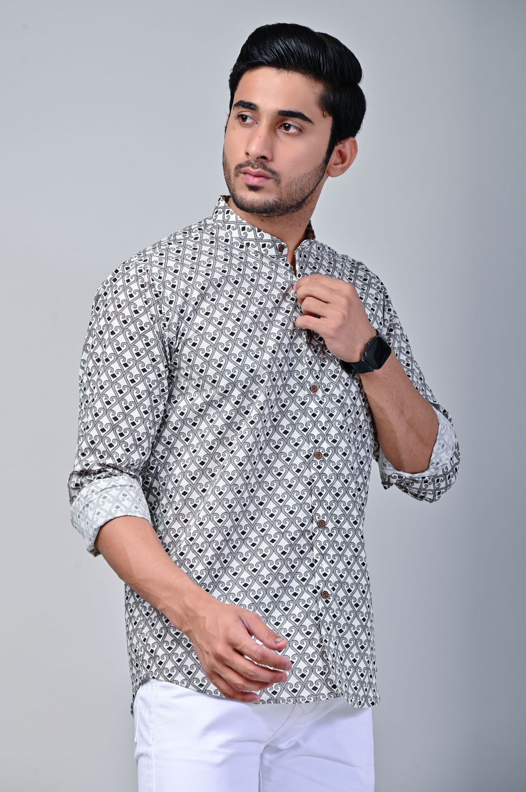 Geometrical Print Mandarin Collar Full Sleeve Shirt