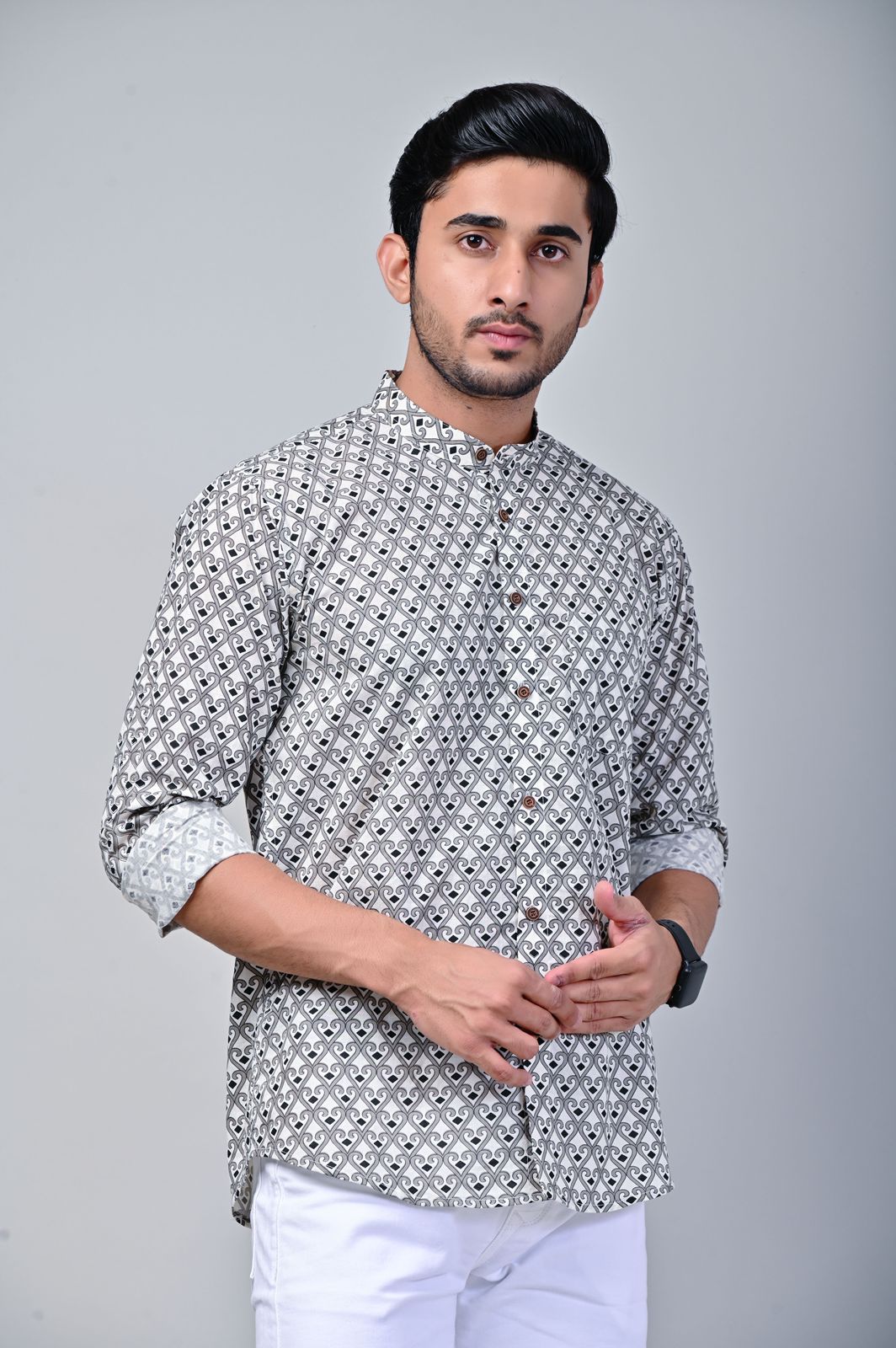 Geometrical Print Mandarin Collar Full Sleeve Shirt