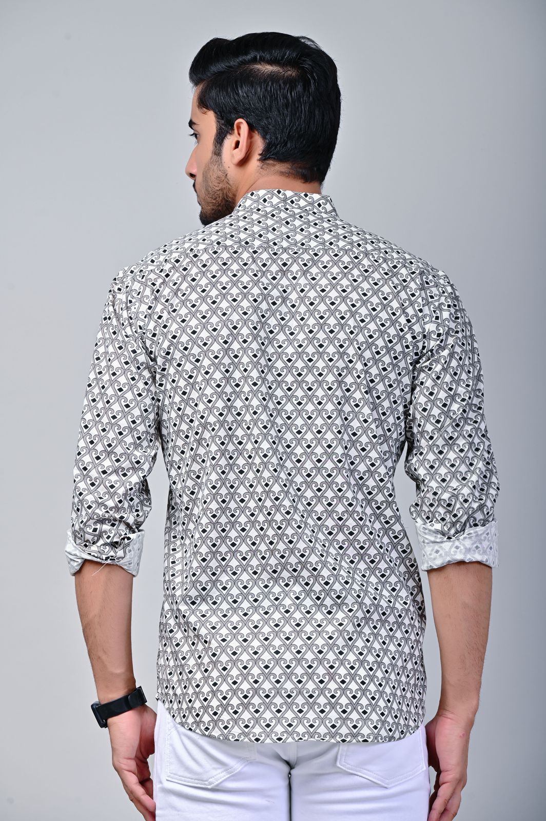 Geometrical Print Mandarin Collar Full Sleeve Shirt