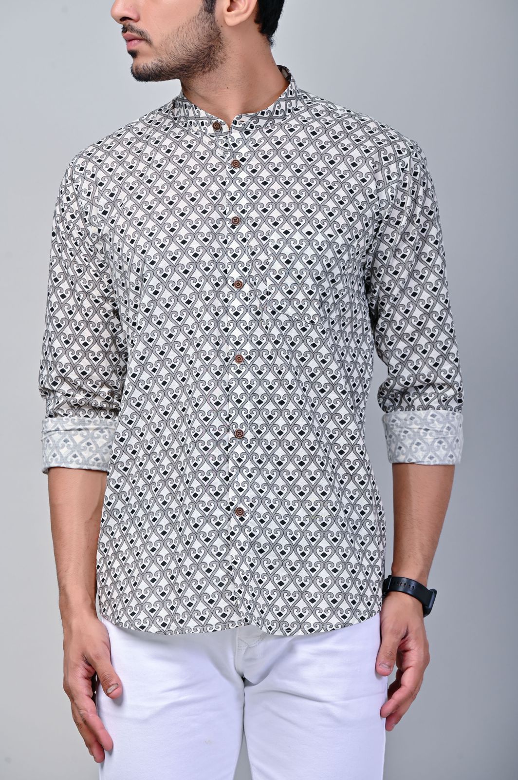 Geometrical Print Mandarin Collar Full Sleeve Shirt