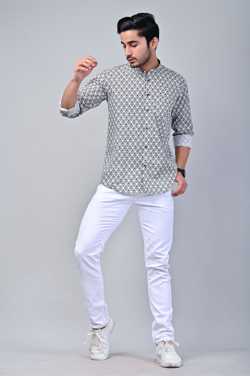 Geometrical Print Mandarin Collar Full Sleeve Shirt