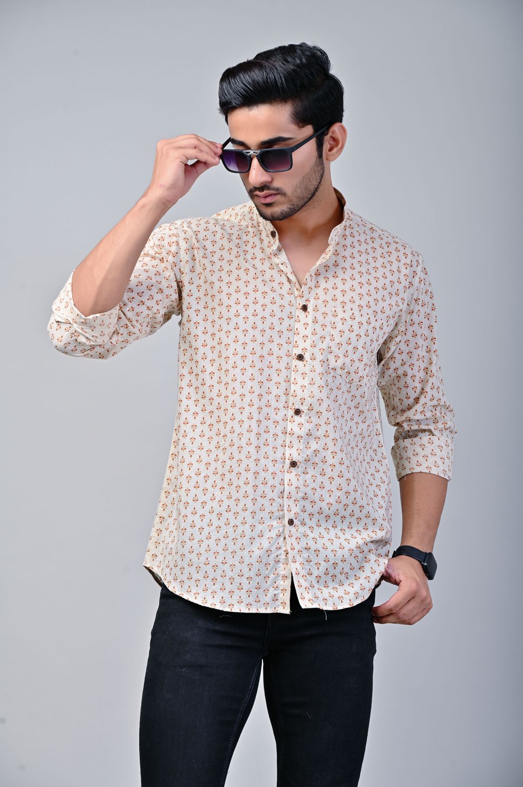 Leafy Print Mandarin Collar Full Sleeve Shirt