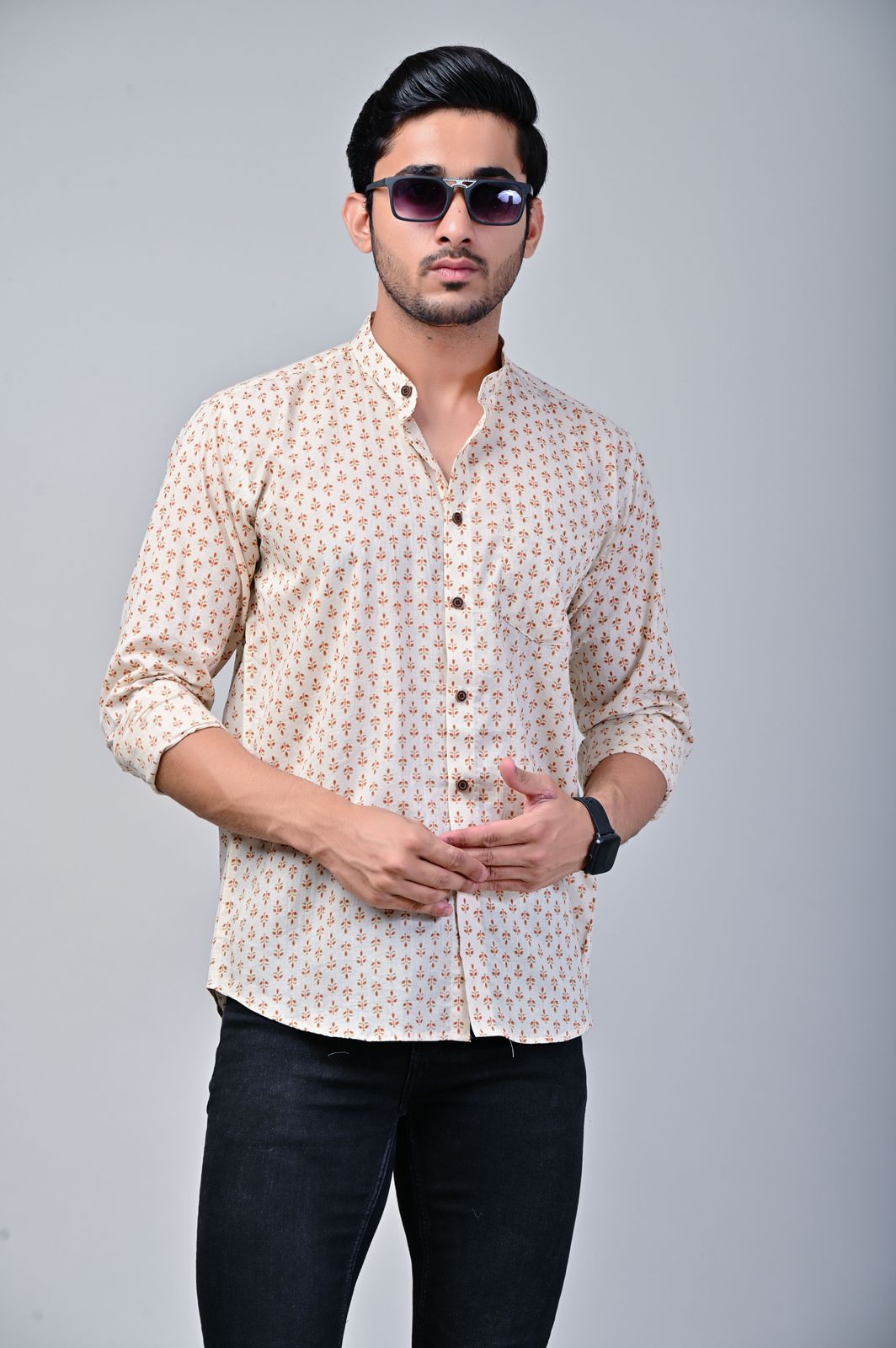 Leafy Print Mandarin Collar Full Sleeve Shirt