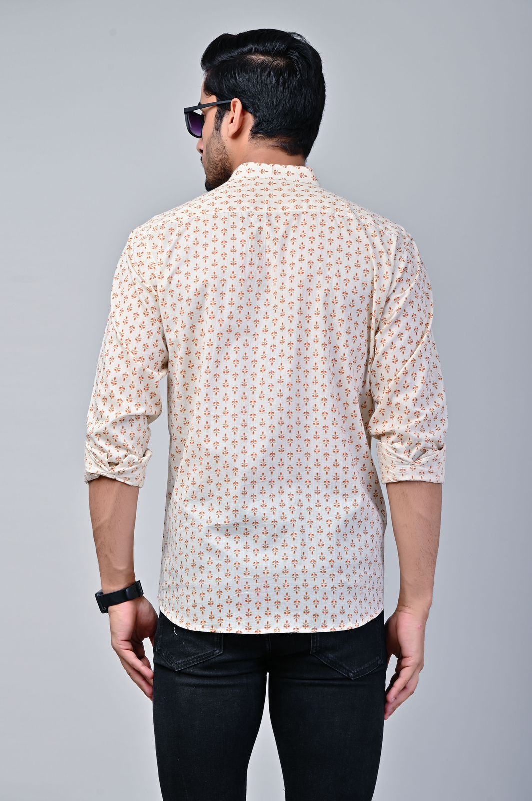 Leafy Print Mandarin Collar Full Sleeve Shirt