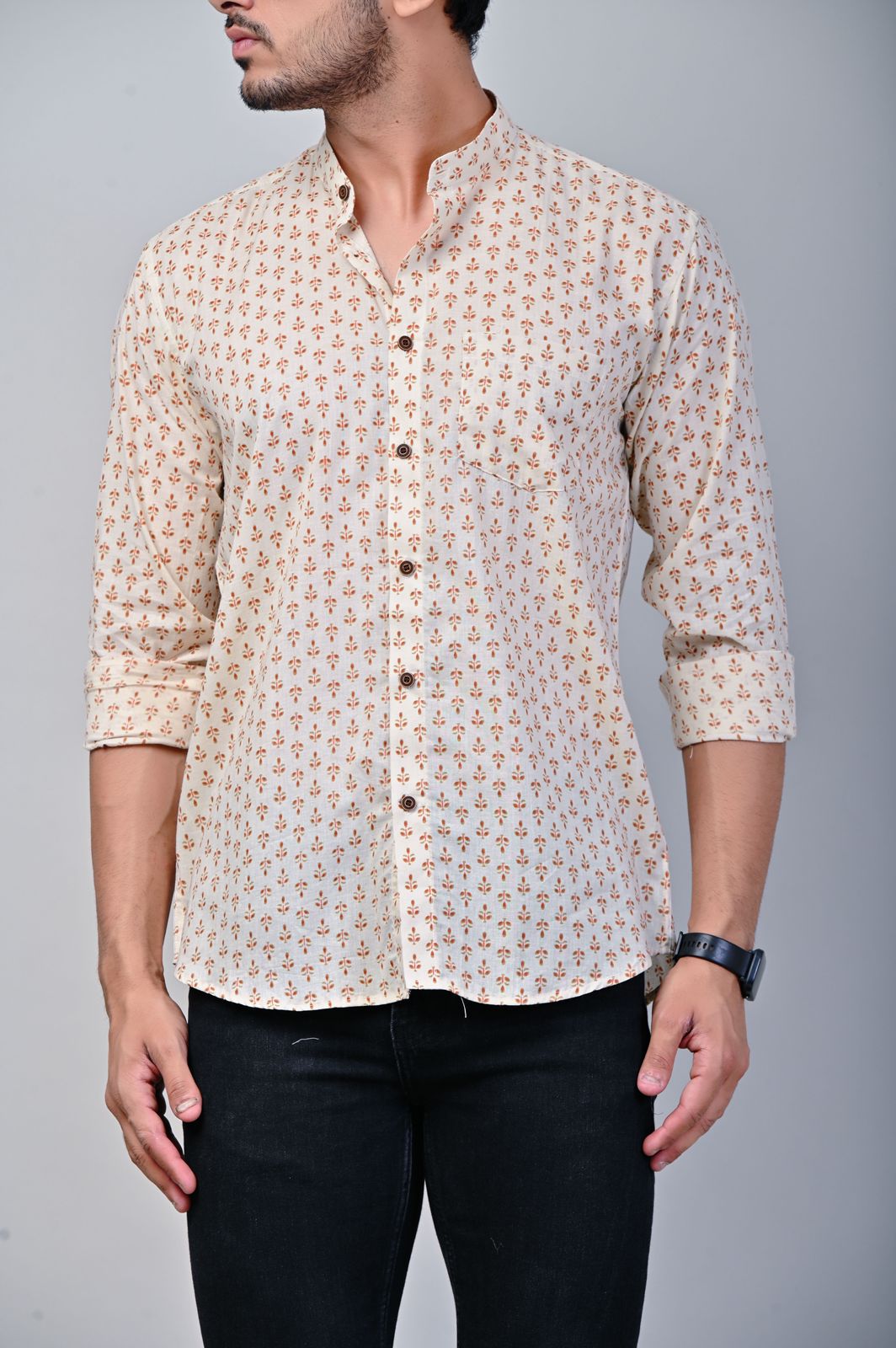 Leafy Print Mandarin Collar Full Sleeve Shirt