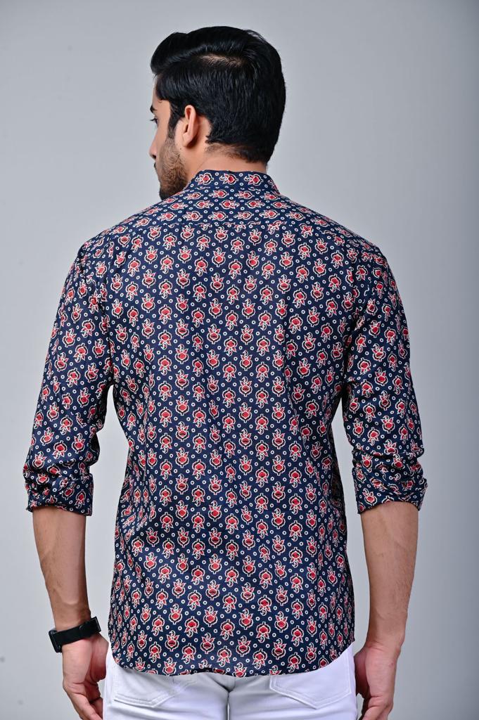 Navy Blue Mandarin Collar Full Sleeve Printed Shirt