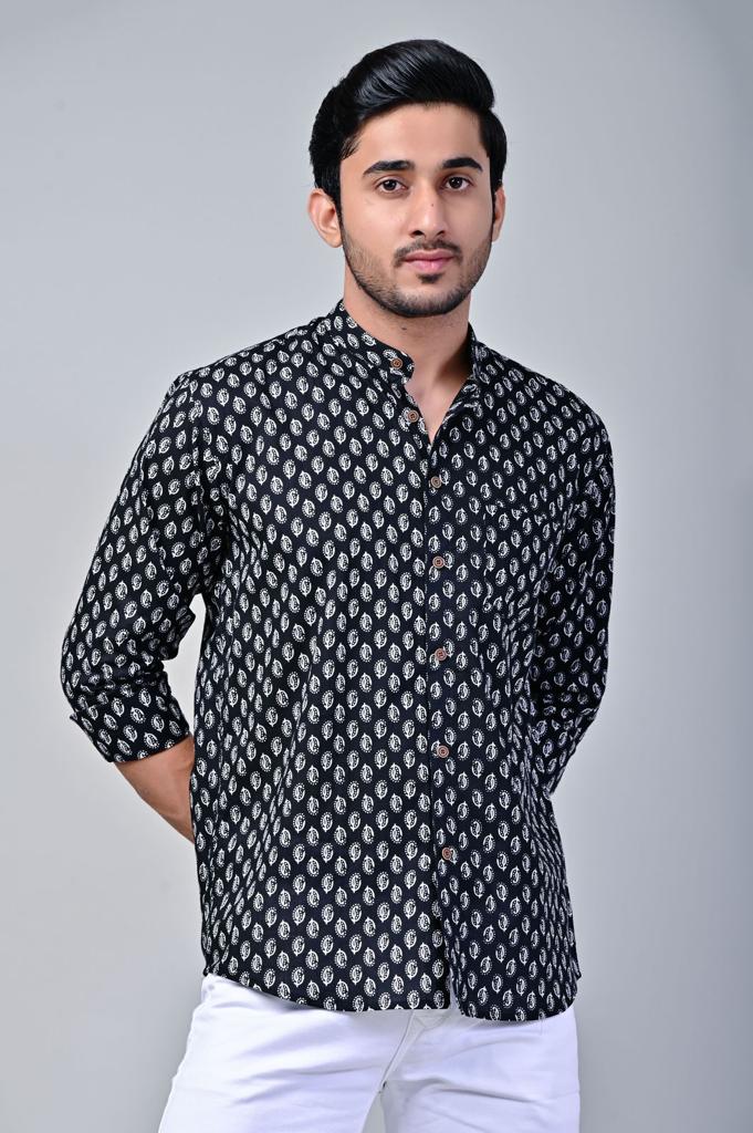 Black Mandarin Collar Full Sleeve Printed Shirt
