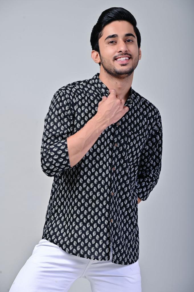 Black Mandarin Collar Full Sleeve Printed Shirt