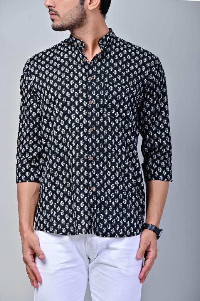 Black Mandarin Collar Full Sleeve Printed Shirt