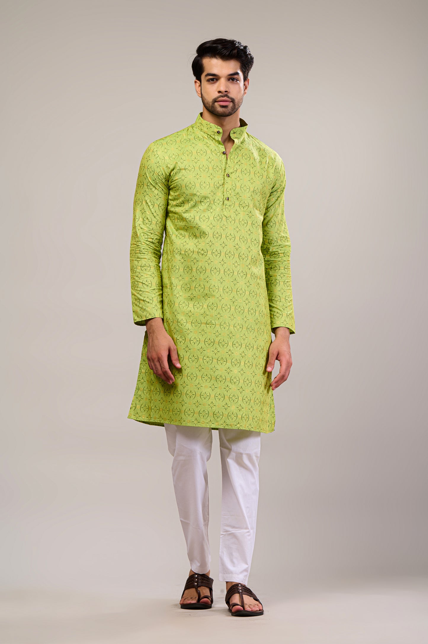 Parrot Green Gold Printed Men's Long Kurta