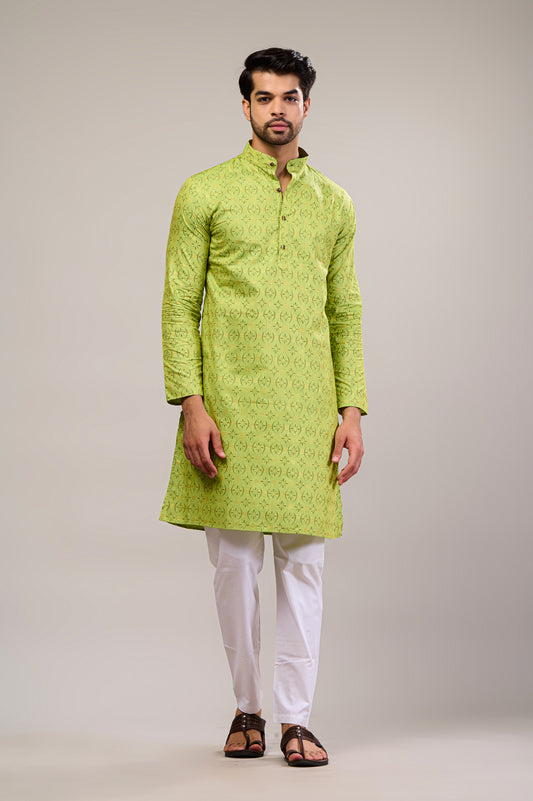 Parrot Green Gold Printed Men's Long Kurta