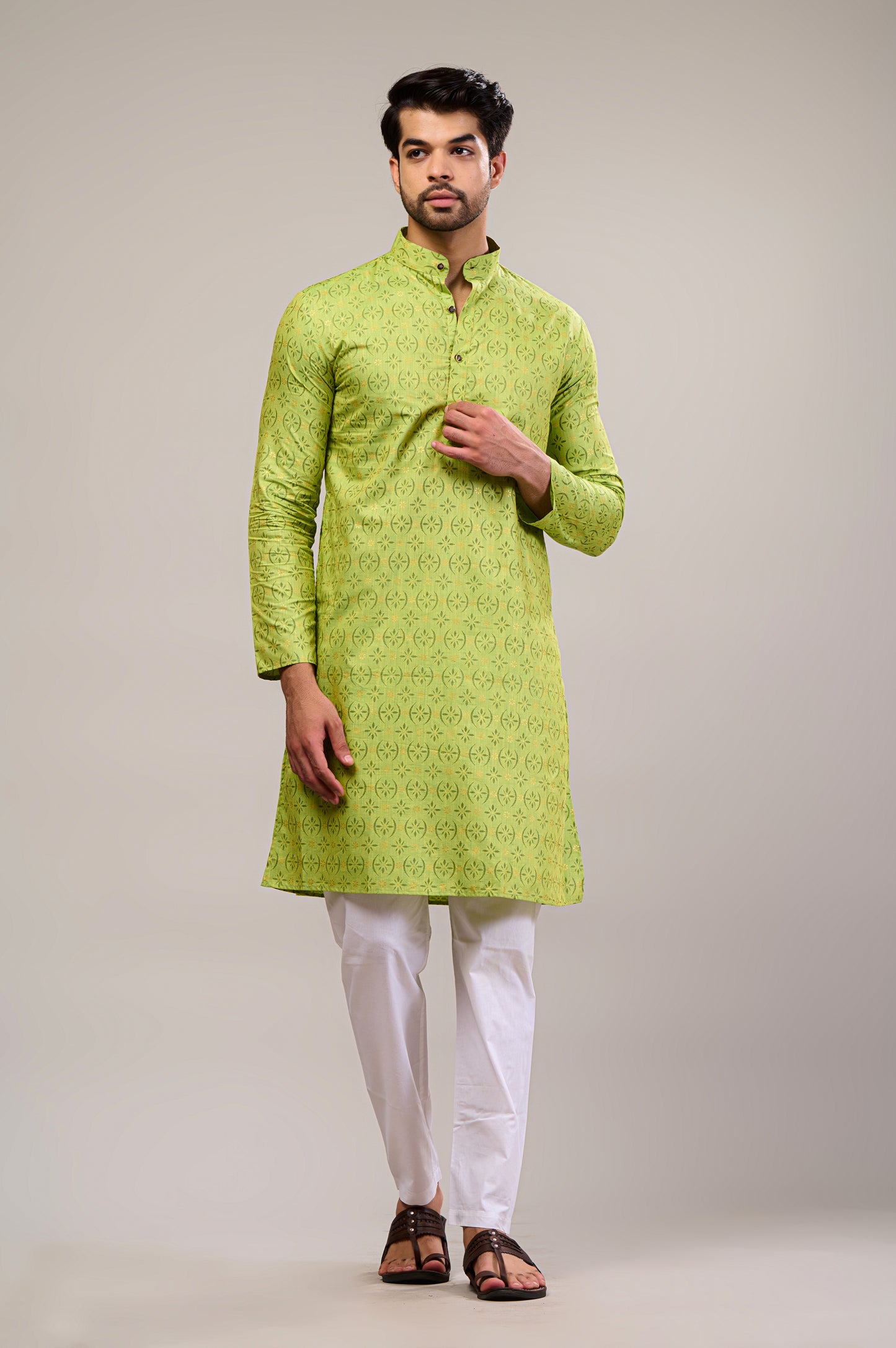 Parrot Green Gold Printed Men's Long Kurta