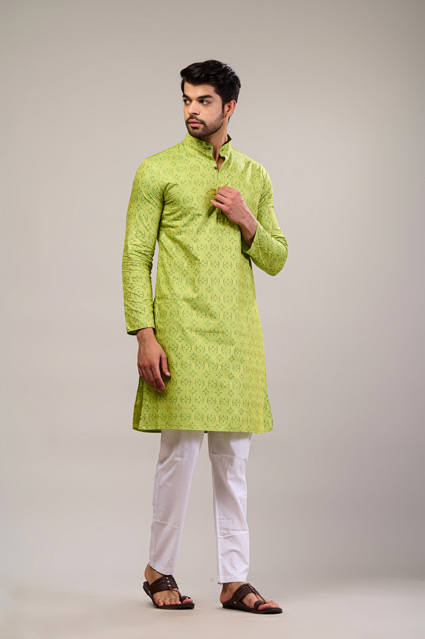 Parrot Green Gold Printed Men's Long Kurta