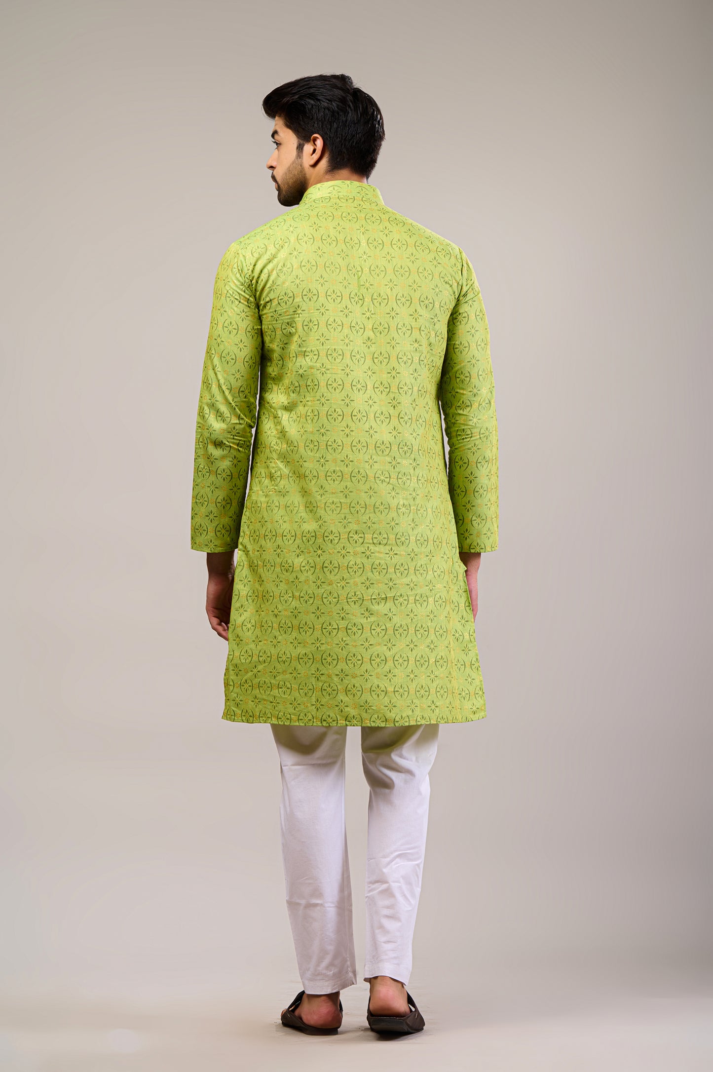 Parrot Green Gold Printed Men's Long Kurta