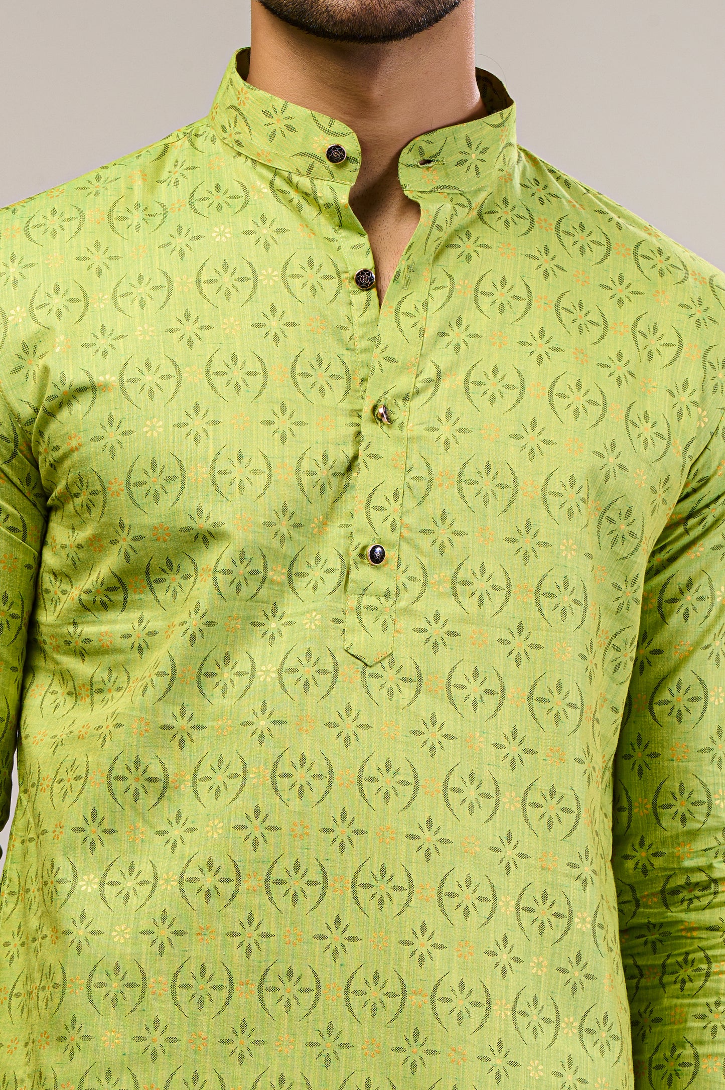 Parrot Green Gold Printed Men's Long Kurta