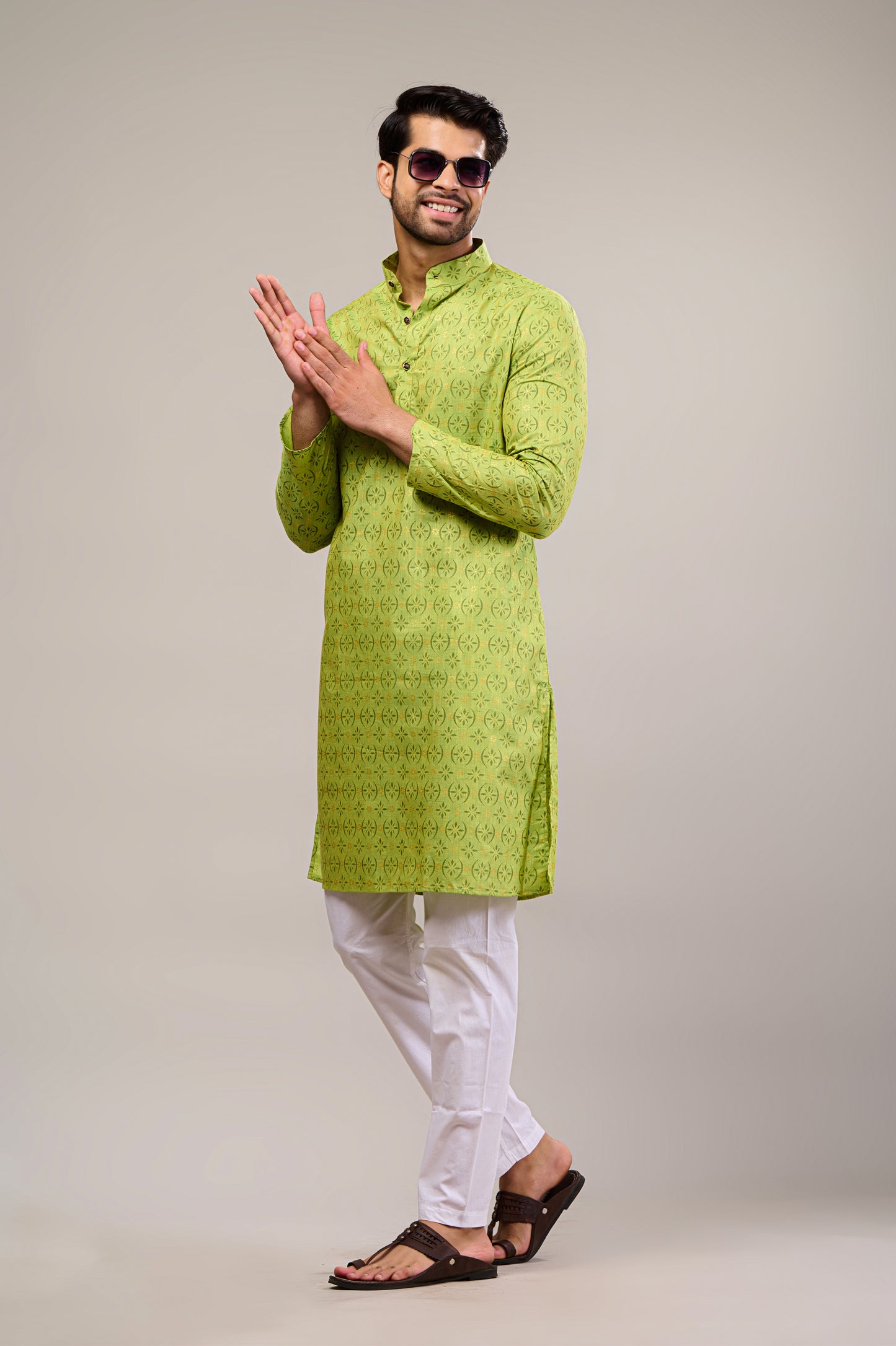 Parrot Green Gold Printed Men's Long Kurta