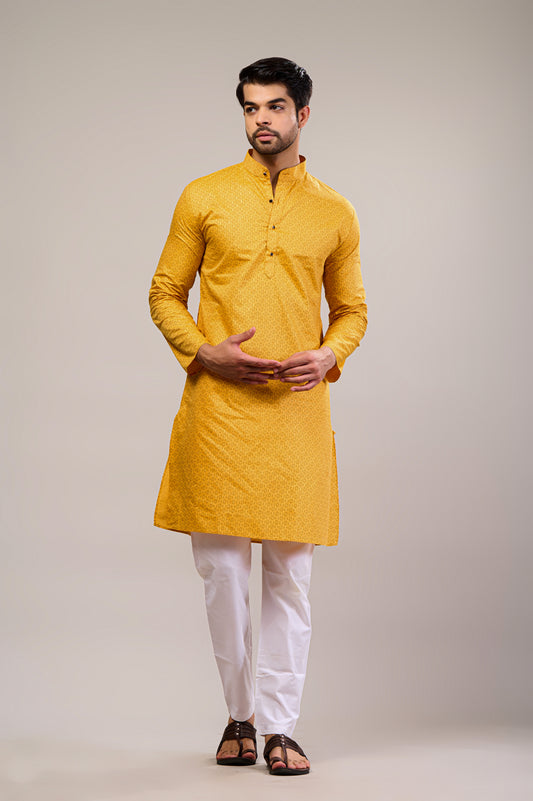 Yellow Gold Printed Men's Long Kurta