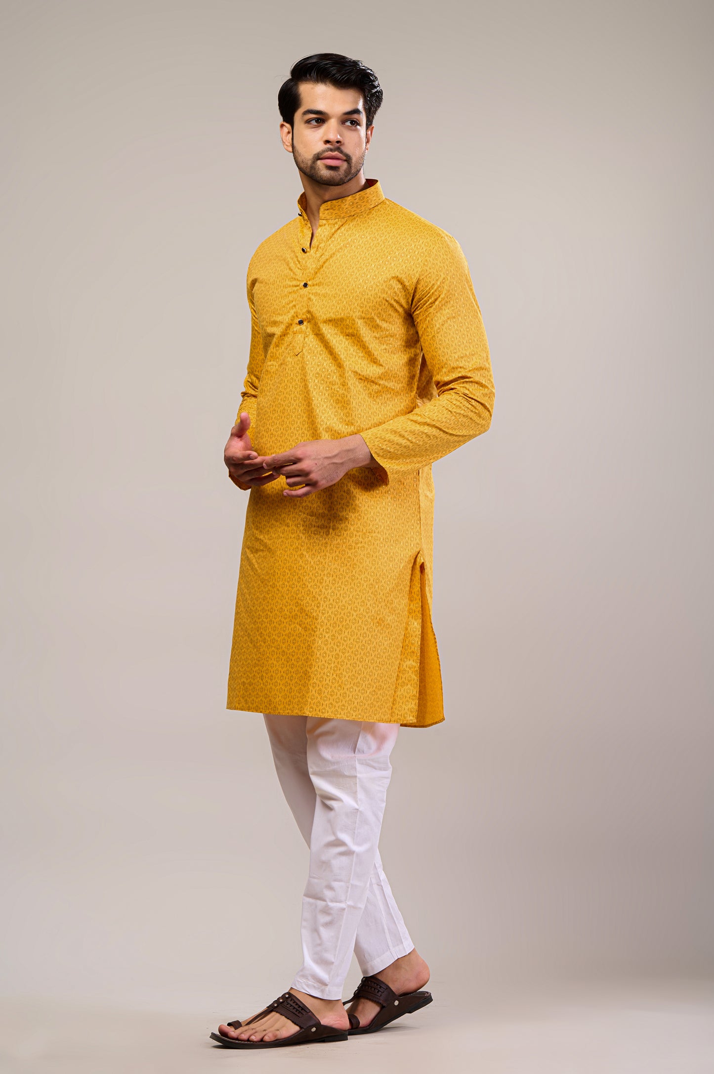 Yellow Gold Printed Men's Long Kurta