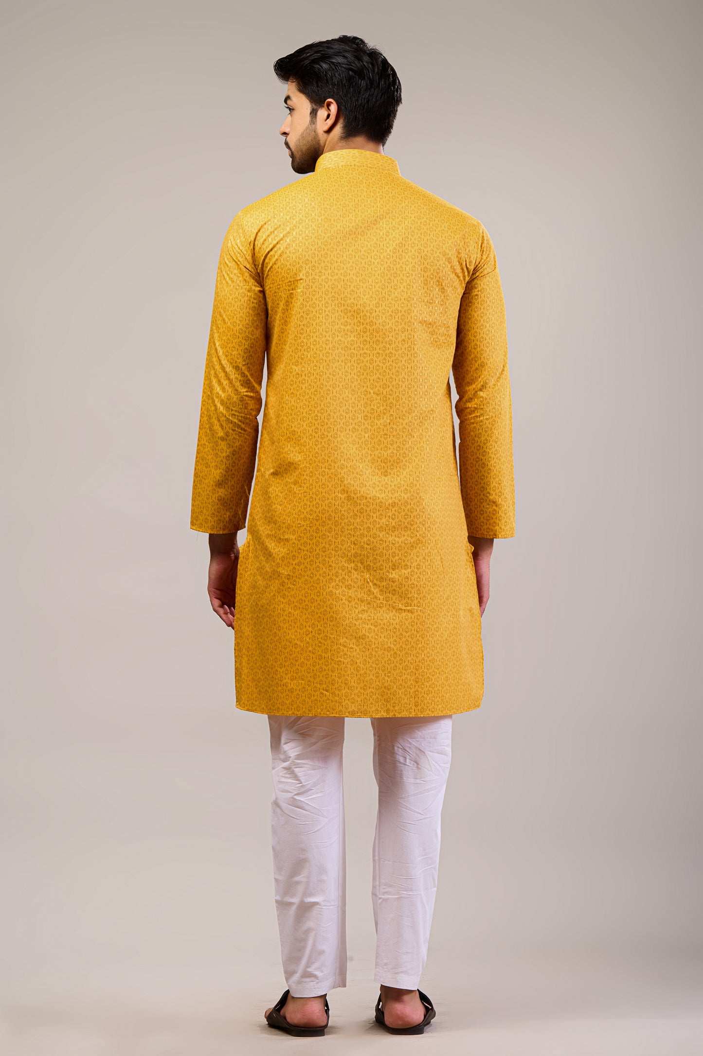 Yellow Gold Printed Men's Long Kurta