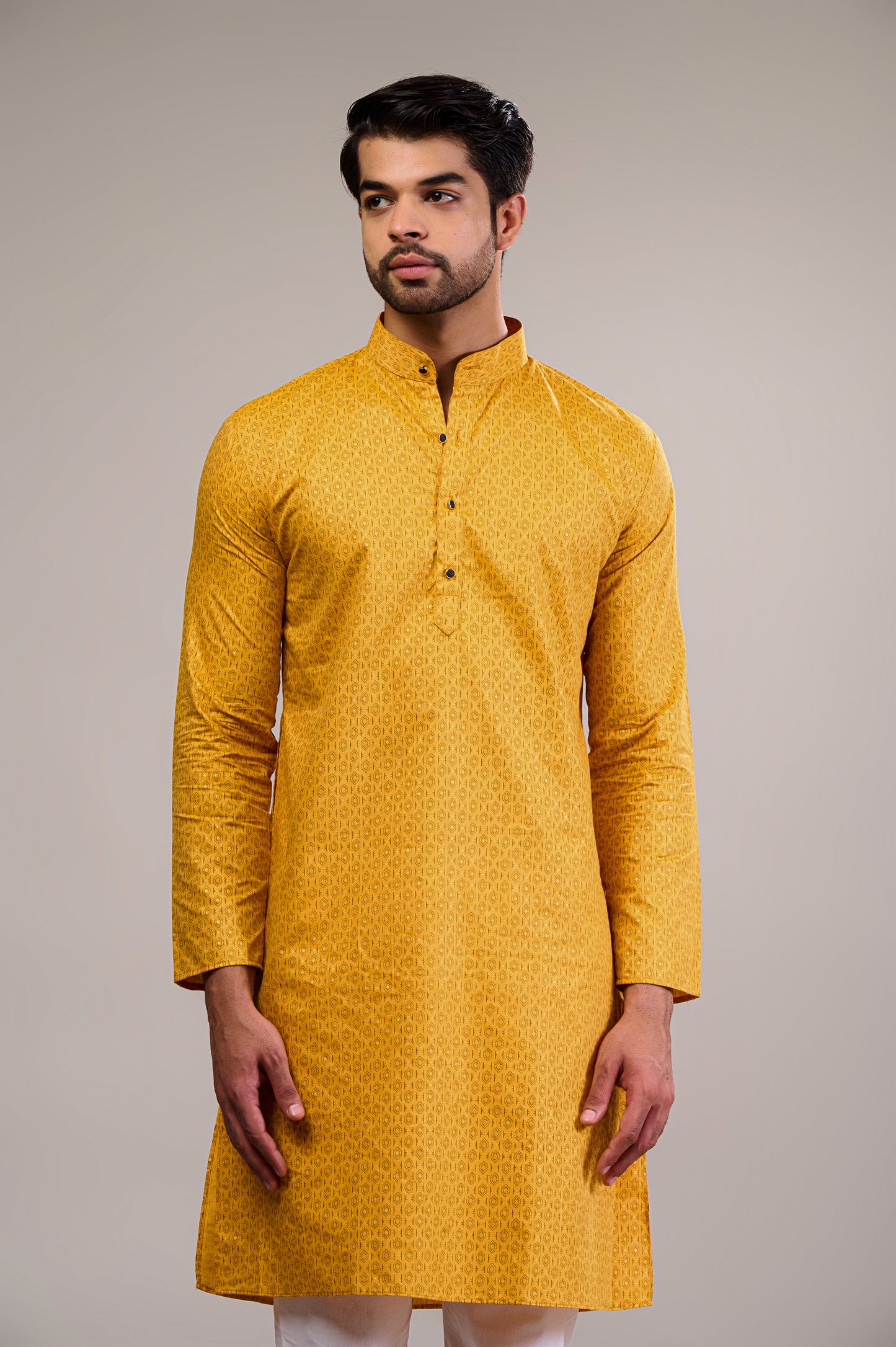 Yellow Gold Printed Men's Long Kurta