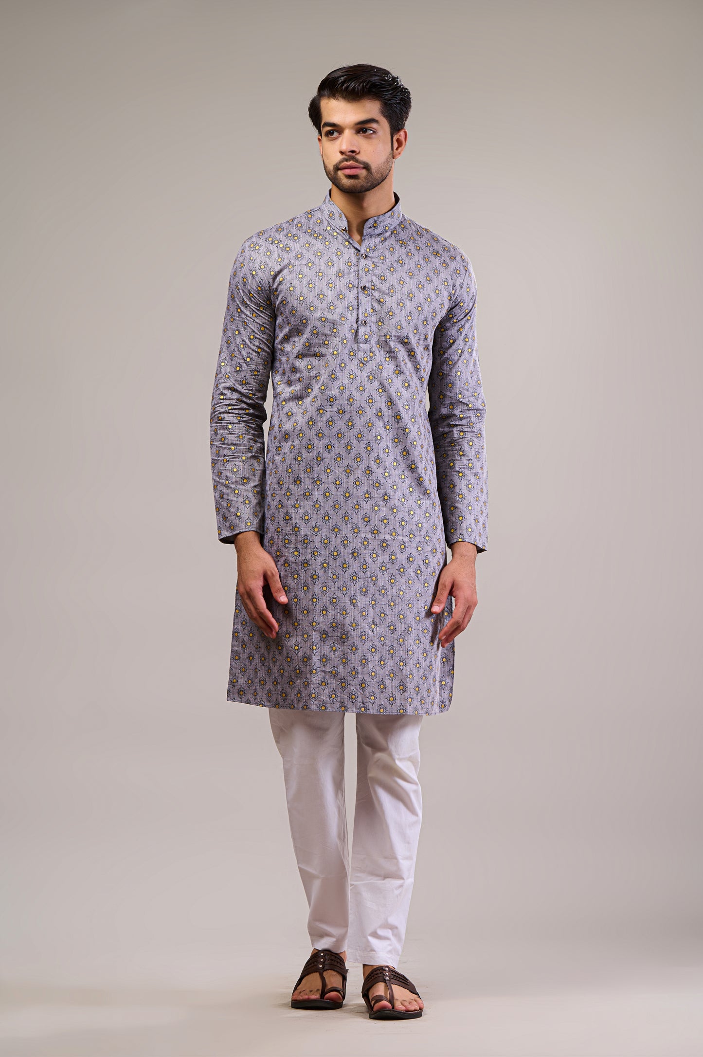 Grey Gold Printed Men's Long Kurta