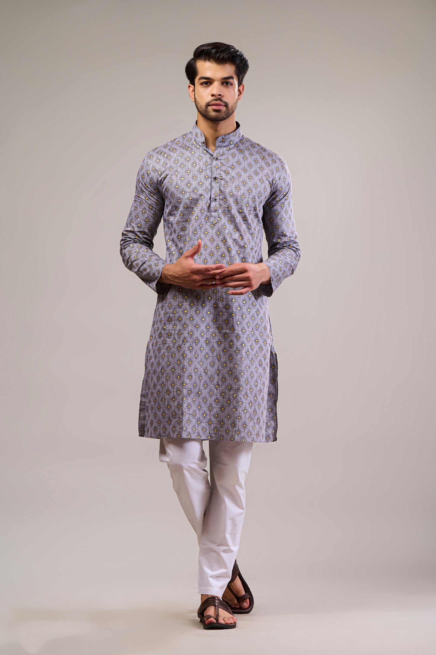 Grey Gold Printed Men's Long Kurta