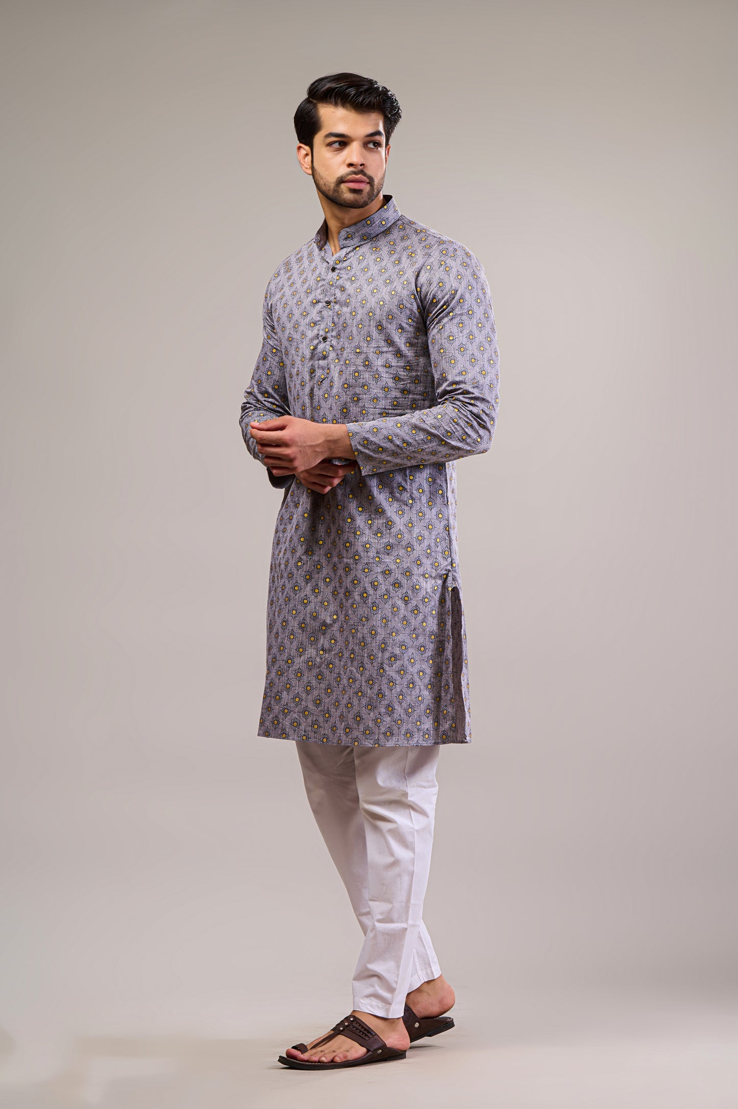 Grey Gold Printed Men's Long Kurta