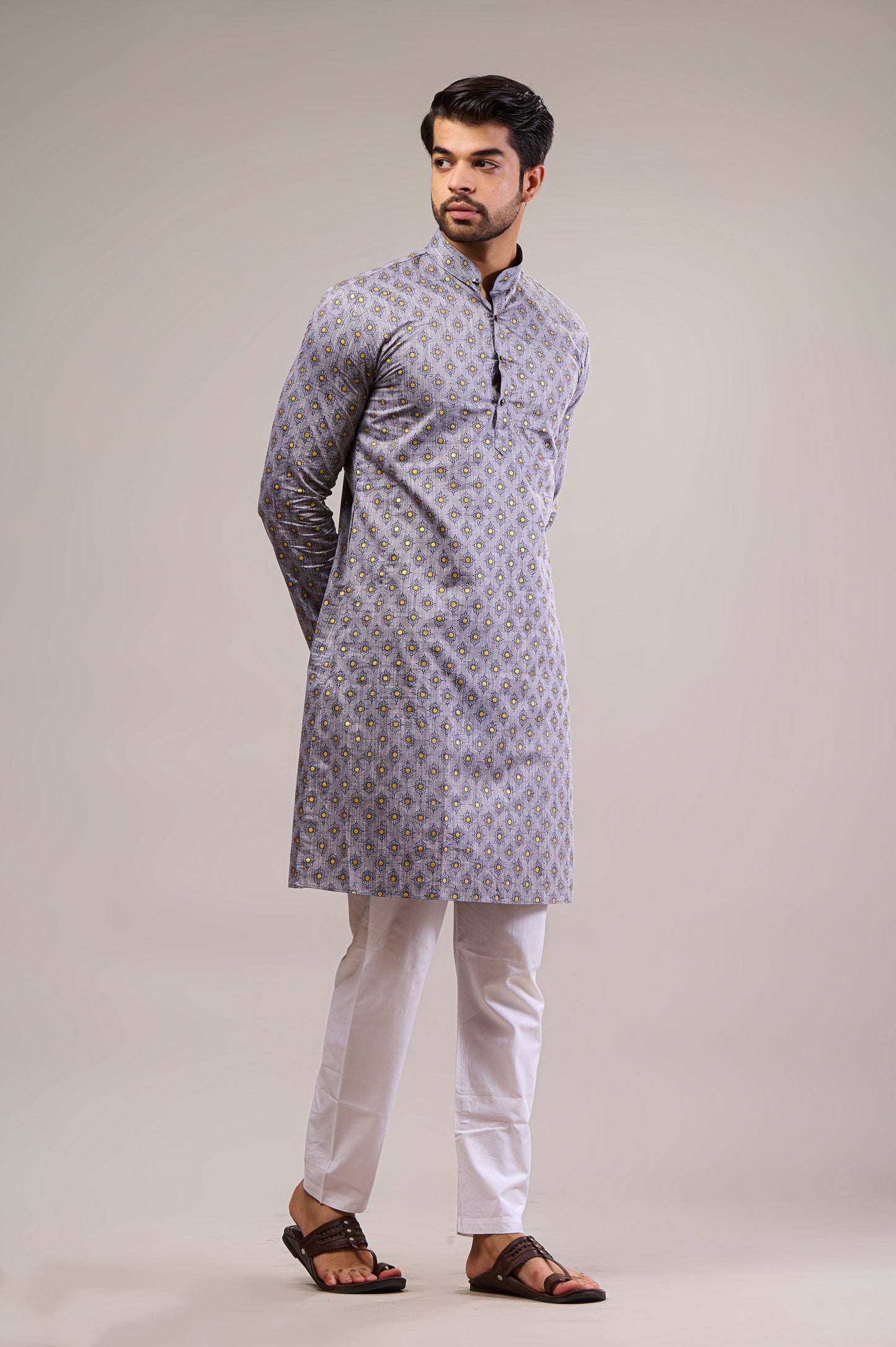 Grey Gold Printed Men's Long Kurta