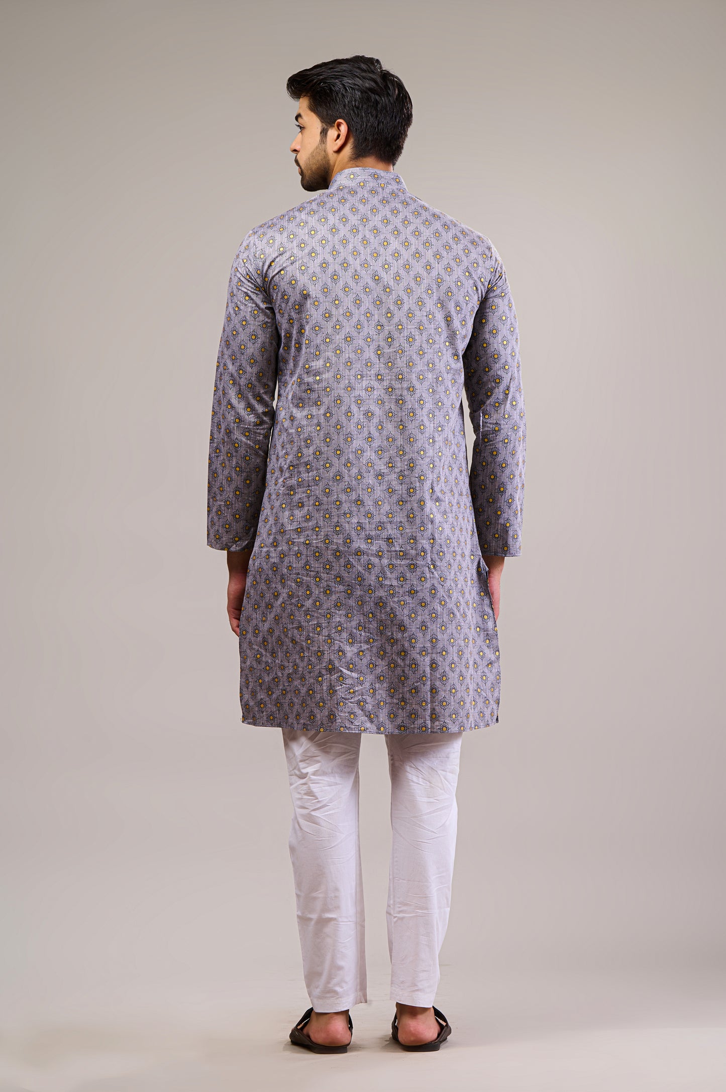 Grey Gold Printed Men's Long Kurta