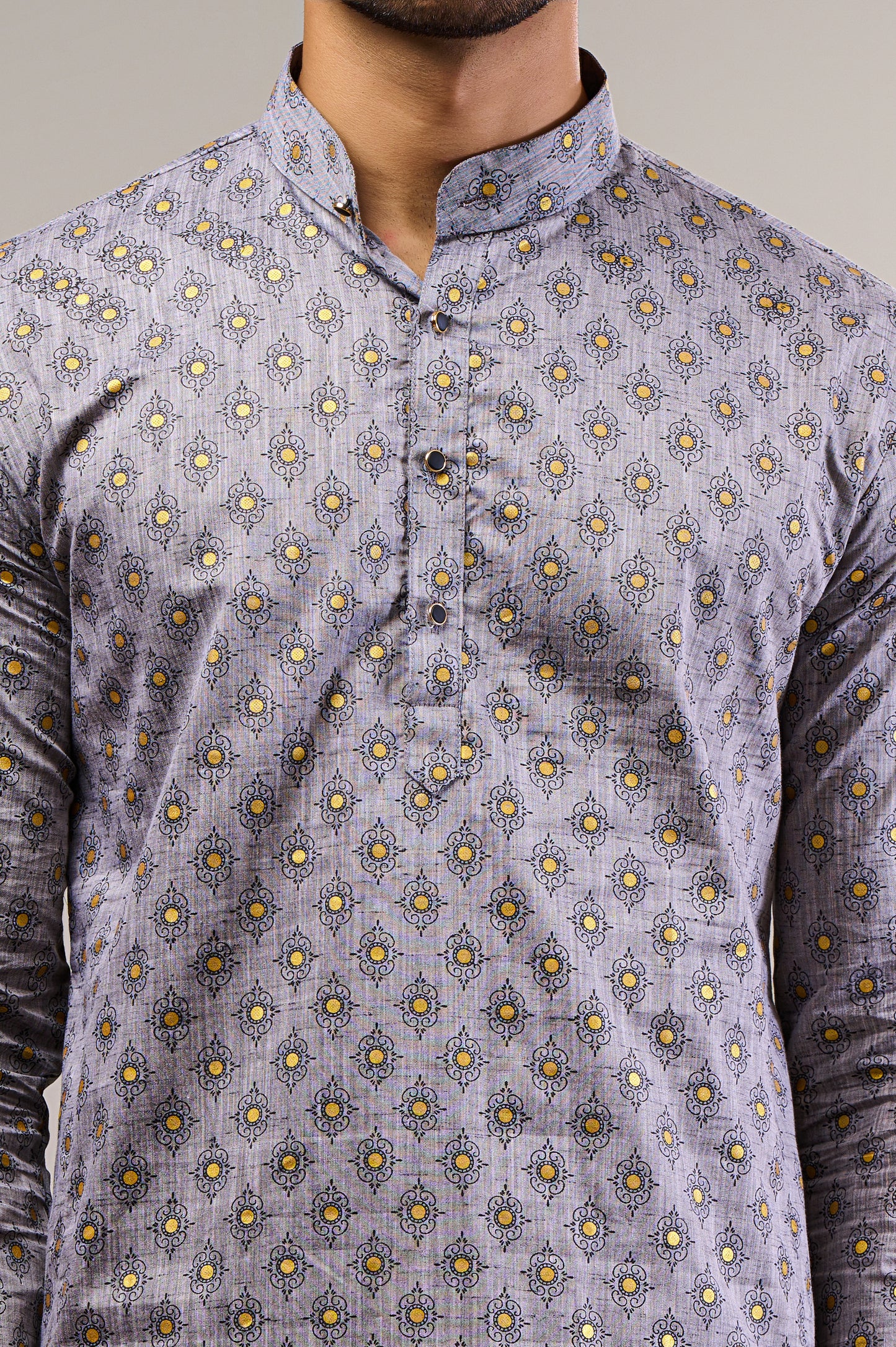 Grey Gold Printed Men's Long Kurta