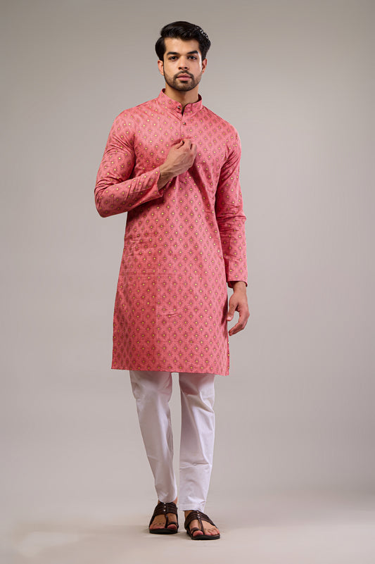 Pink Gold Printed Men's Long Kurta