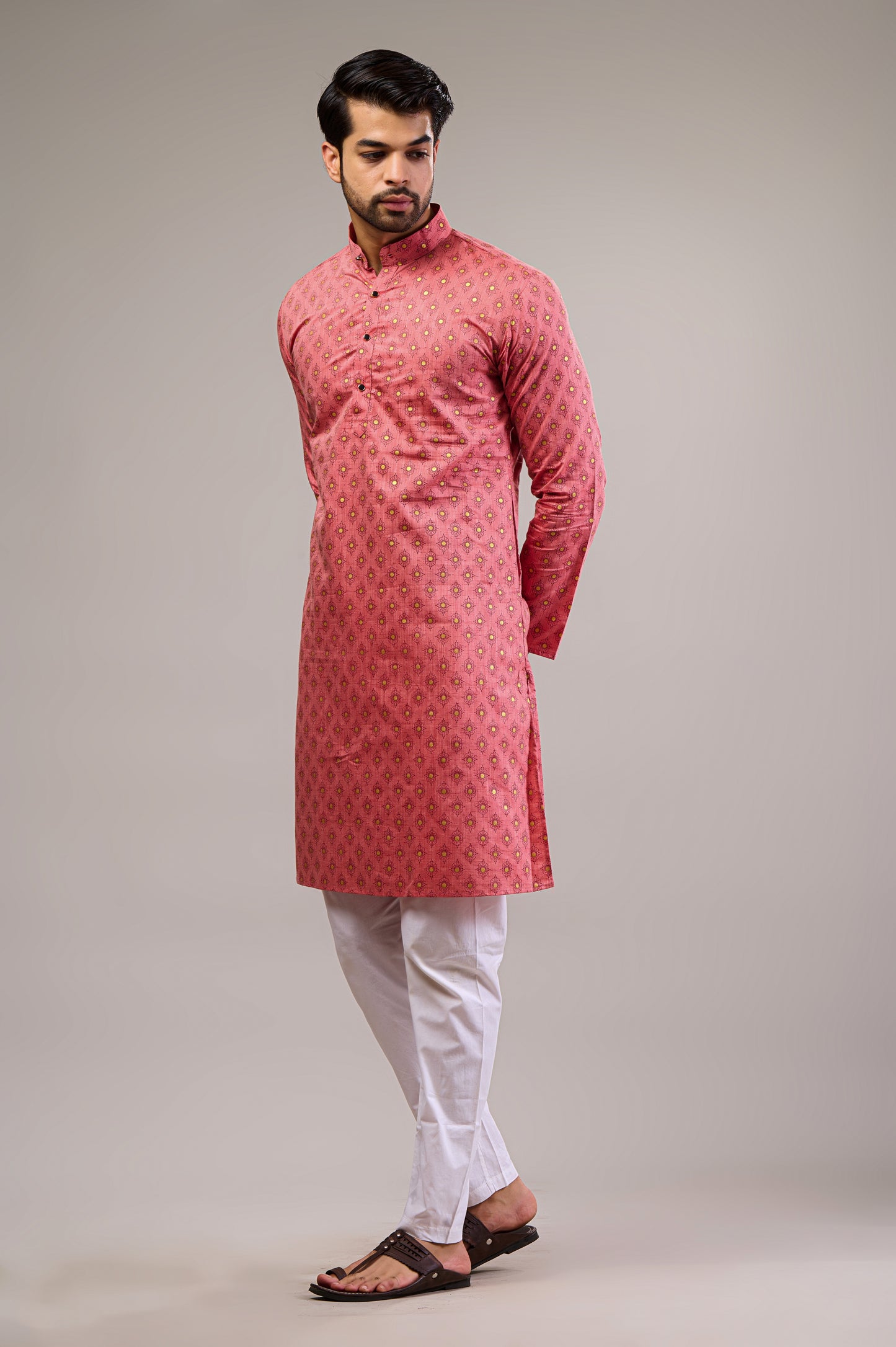 Pink Gold Printed Men's Long Kurta